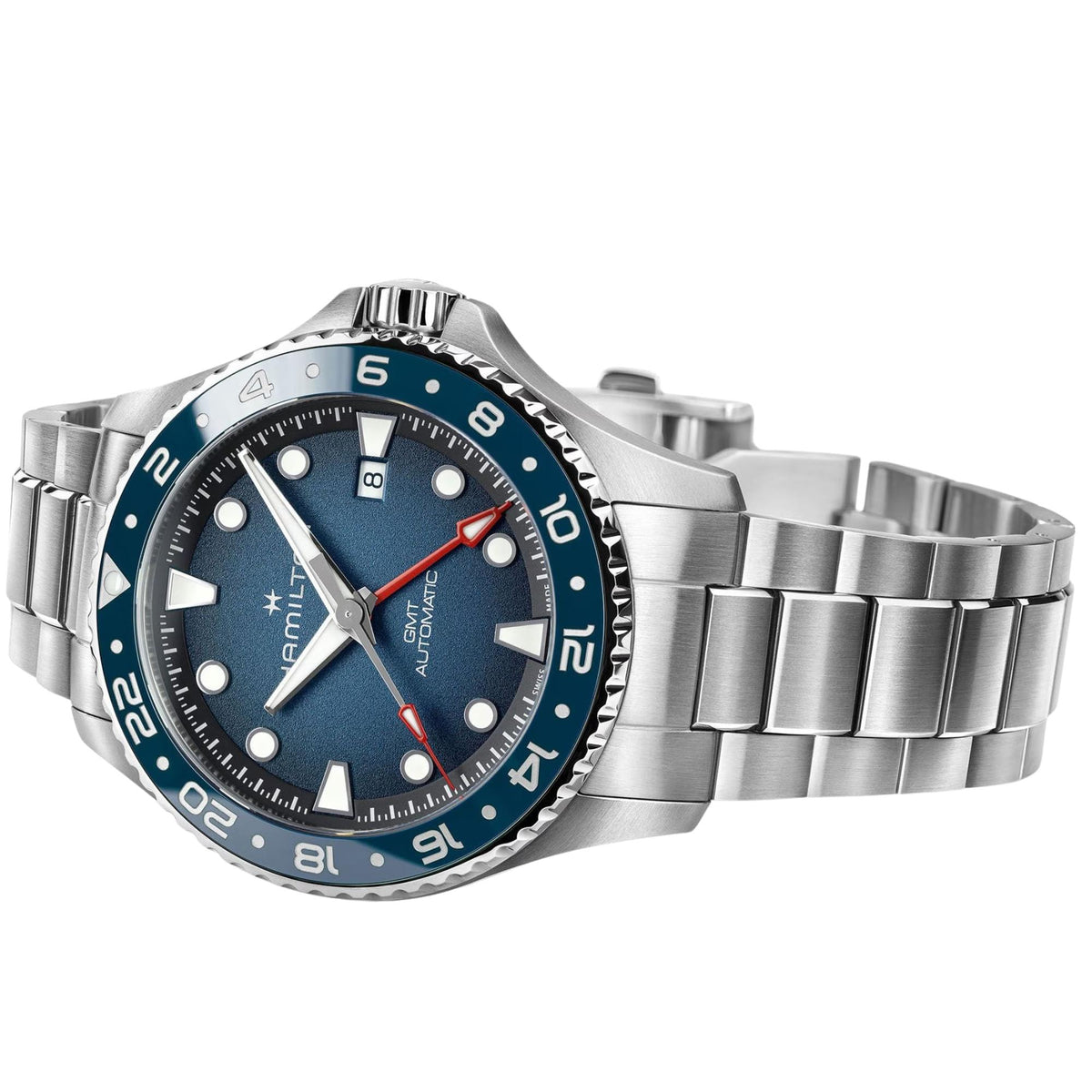 Men's steel GMT watch with blue dial, white markers, and red-and-blue hands