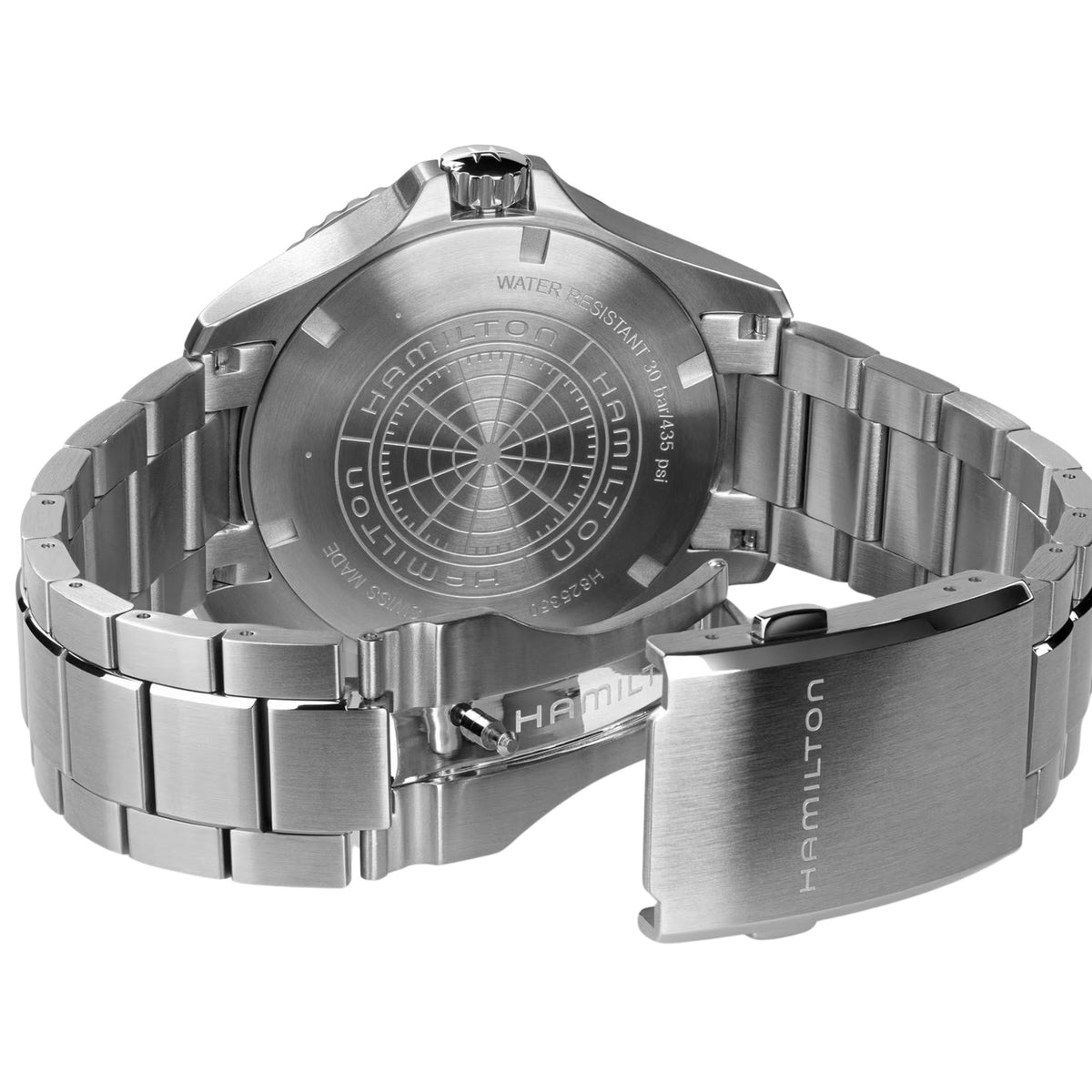 Stainless-steel watch case back with engraved compass pattern and metal bracelet