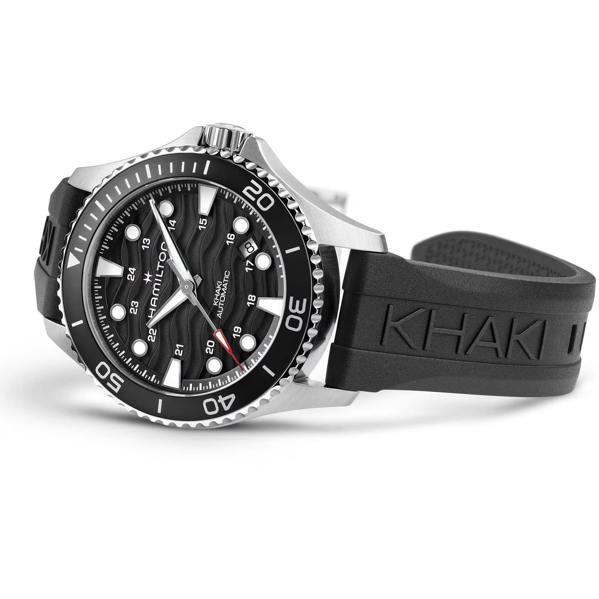 Hamilton Khaki Navy Scuba H82415330 mens watch studio angle shot featuring black dial, rotating bezel, and branded black rubber strap