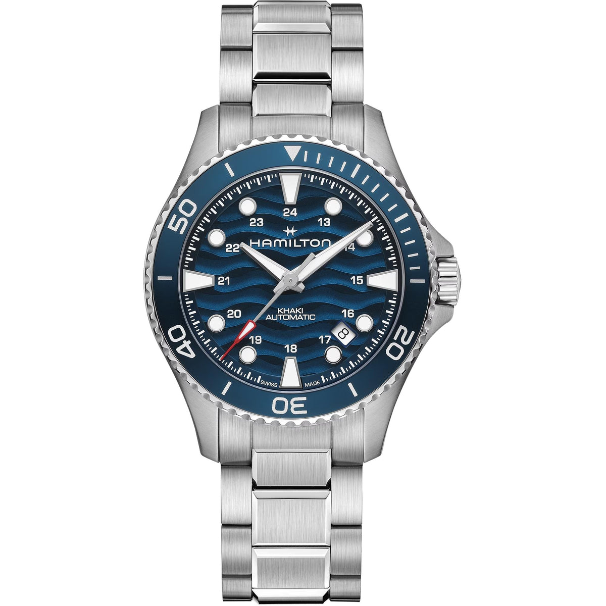 Men's stainless steel dive watch with blue dial, rotating bezel, and steel bracelet