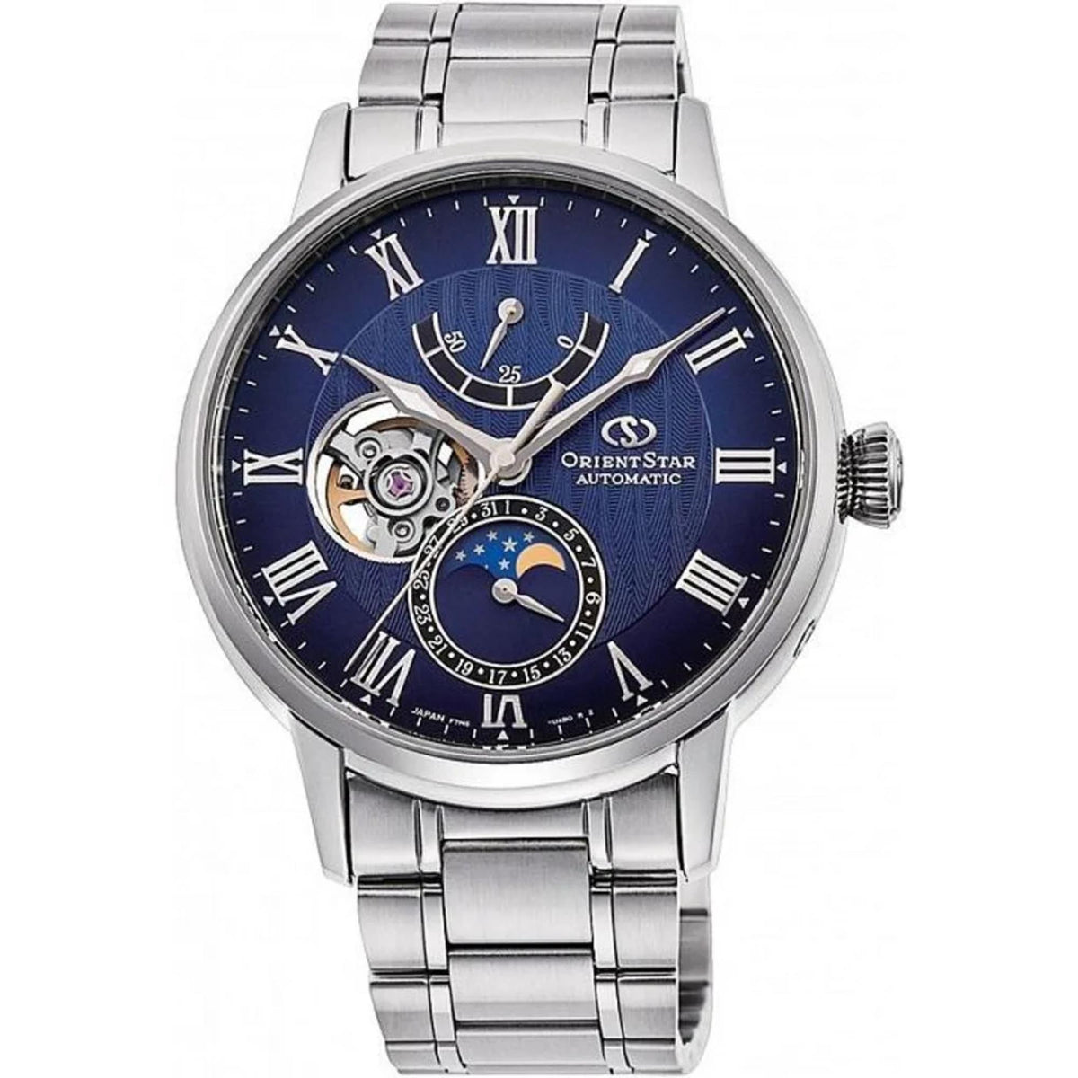 Orient Star Moon Phase Semi Skeleton Blue Dial automatic watch RE-AY0103L00B front view