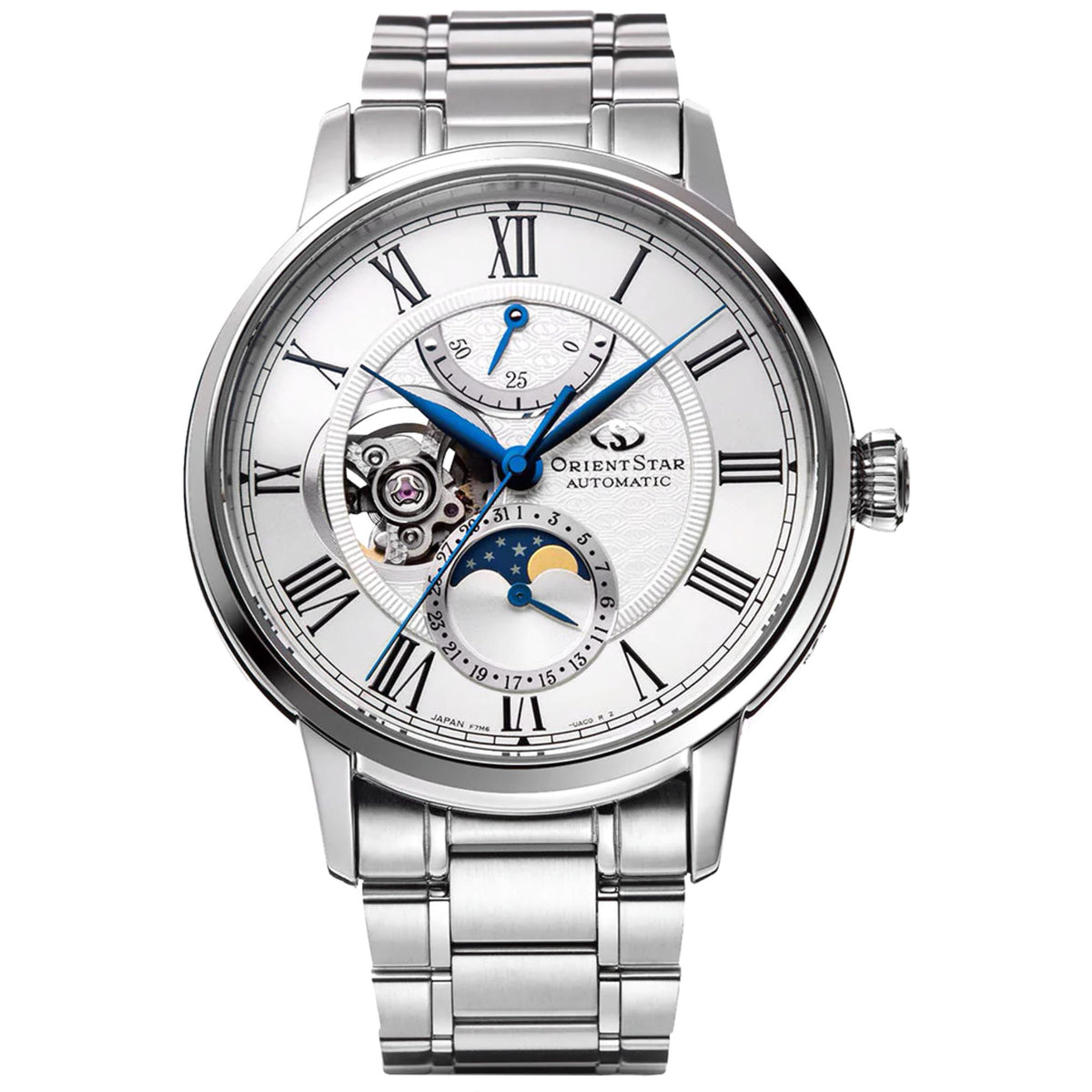 Steel semi-skeleton automatic watch with white dial, blue moon phase, and roman numerals