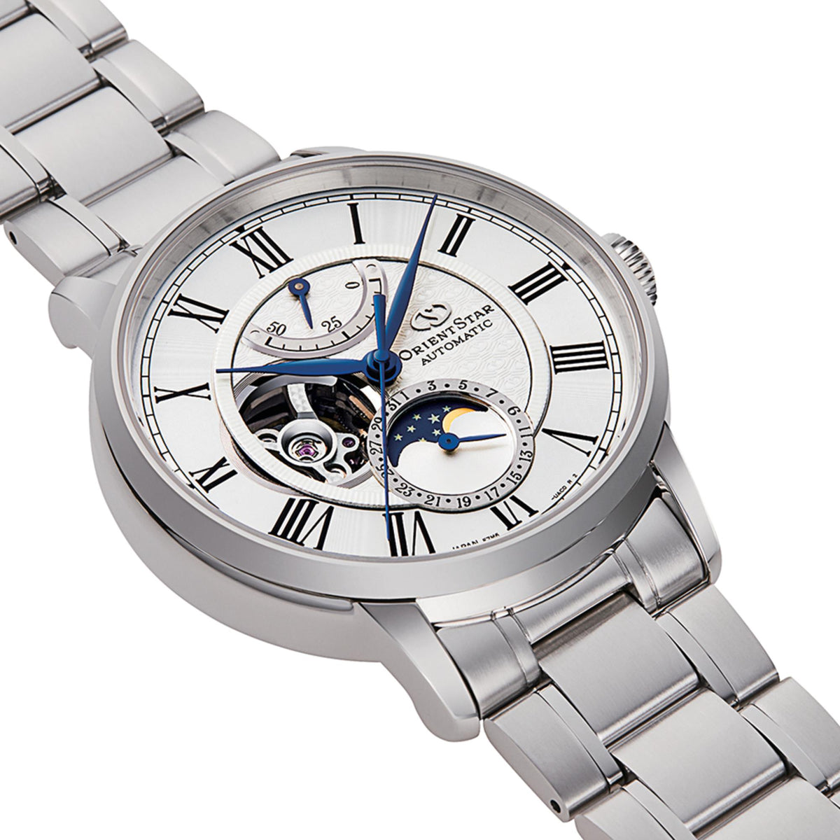 Steel semi-skeleton automatic watch close-up, white dial with blue hands and subdials