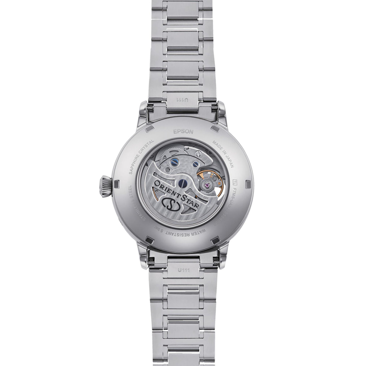 Stainless steel automatic watch back with exposed movement and Orient Star logo