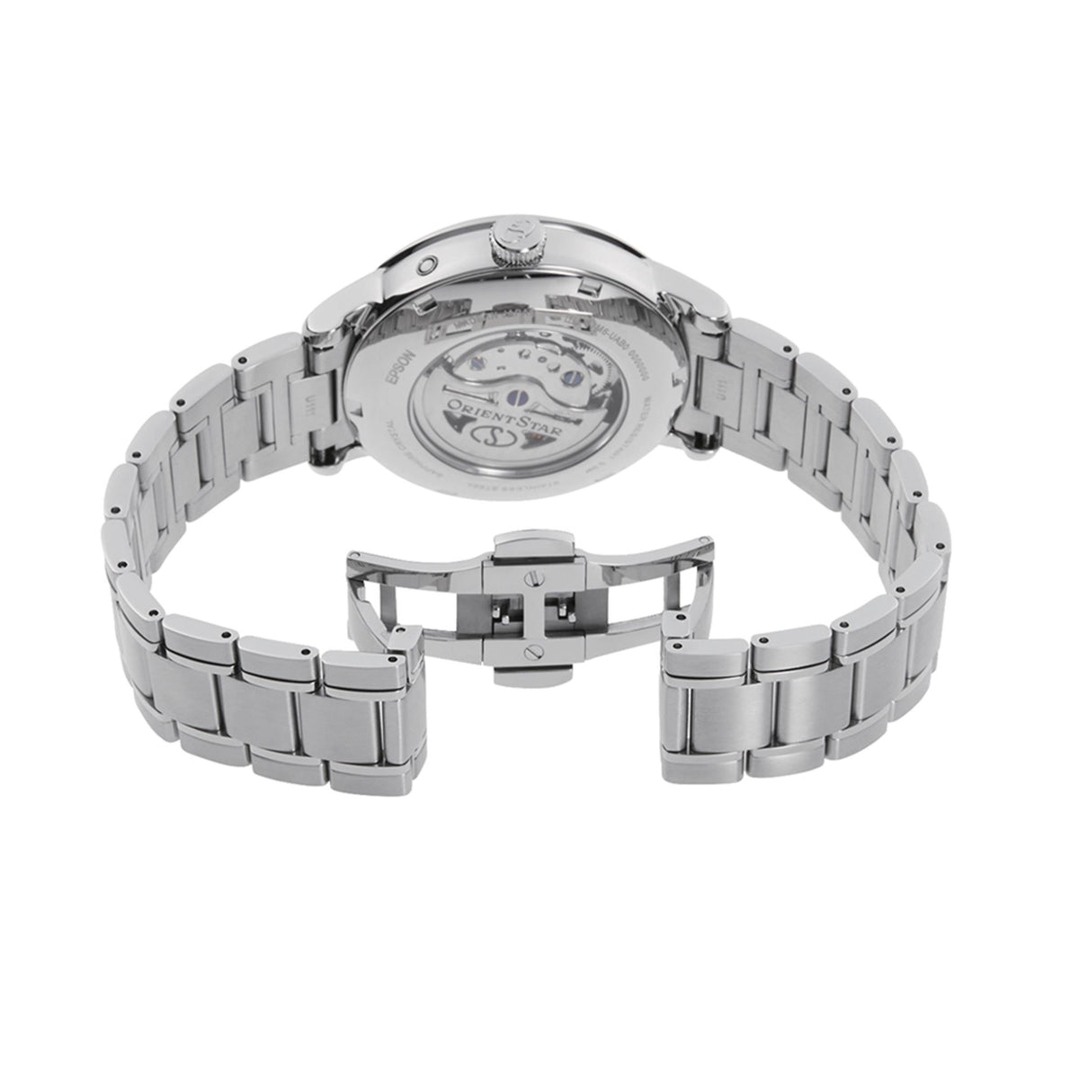 Stainless steel watch back with bracelet links and engraved case