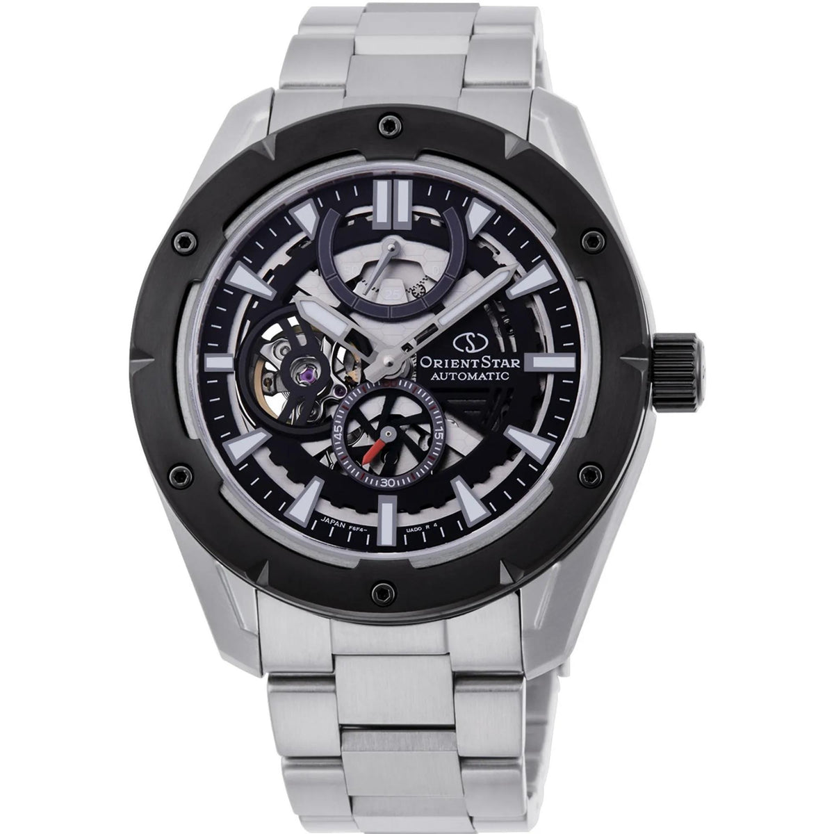 Men's automatic skeleton watch with black dial, steel bracelet and round bezel.