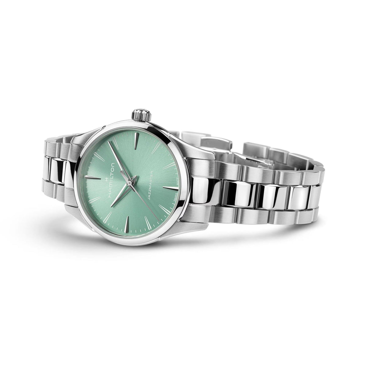 Ladies steel quartz watch with light green dial, polished bezel, and link bracelet