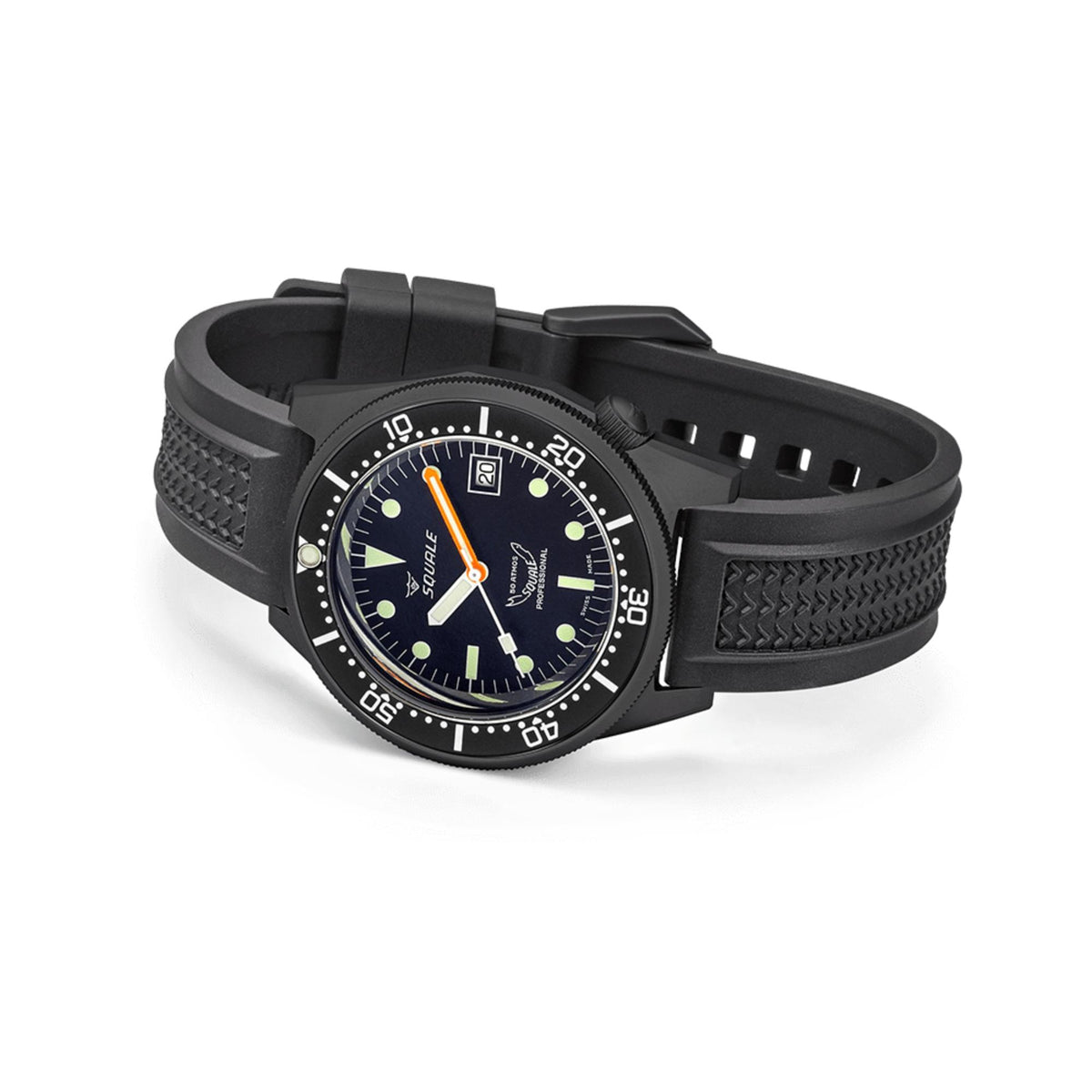 Men's Squale 1521 automatic diver watch with black rubber strap and bezel