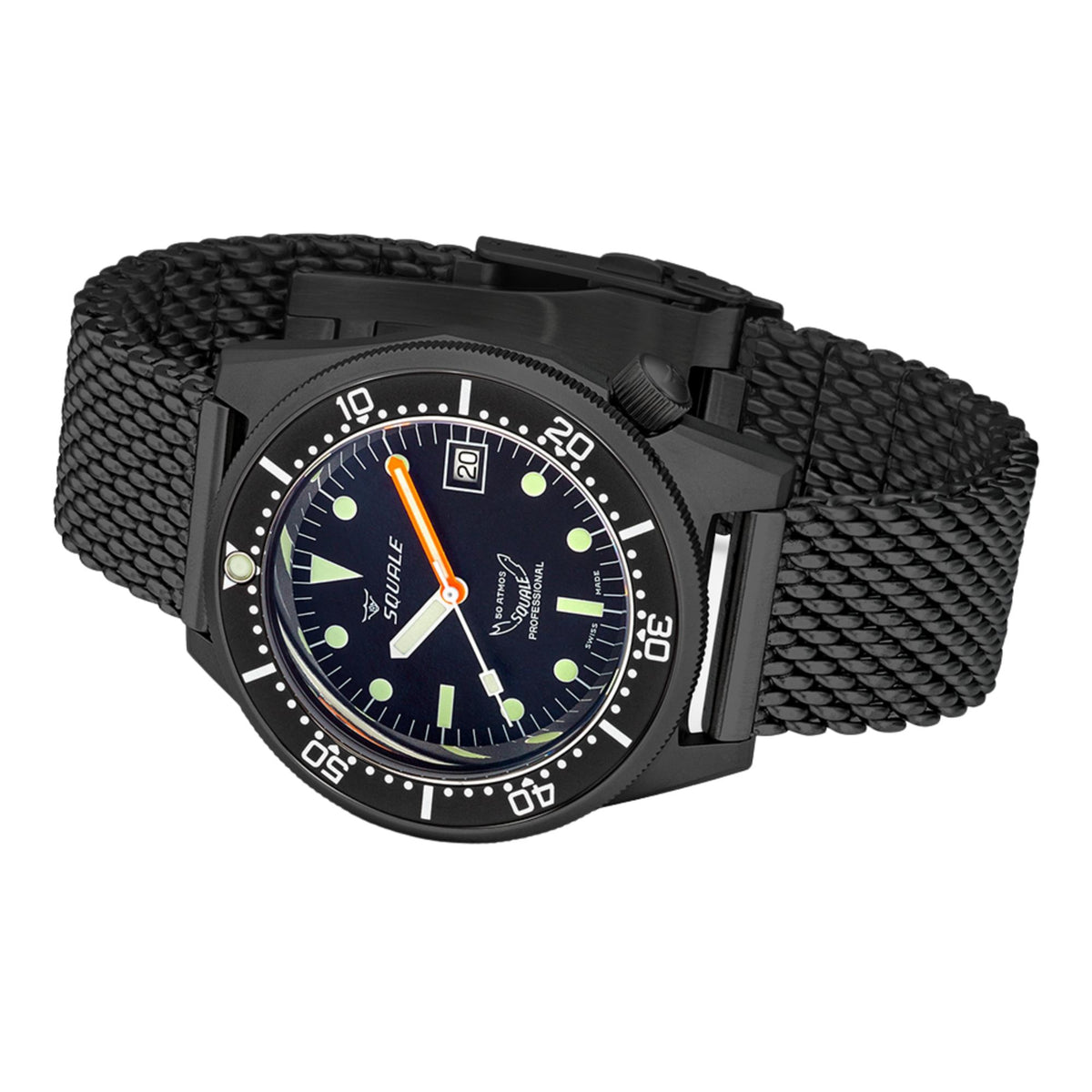 Black steel automatic dive watch with dark dial, lumed indexes, orange seconds hand; woven strap