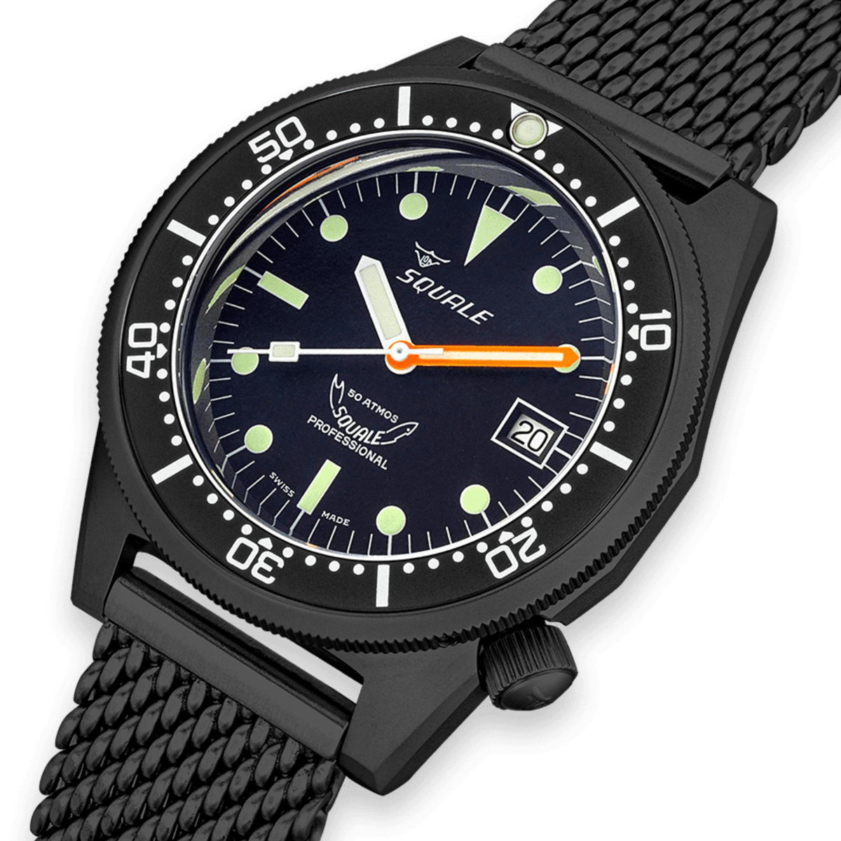 Black steel diver watch close-up with dark blue dial, lumed markers, orange seconds hand