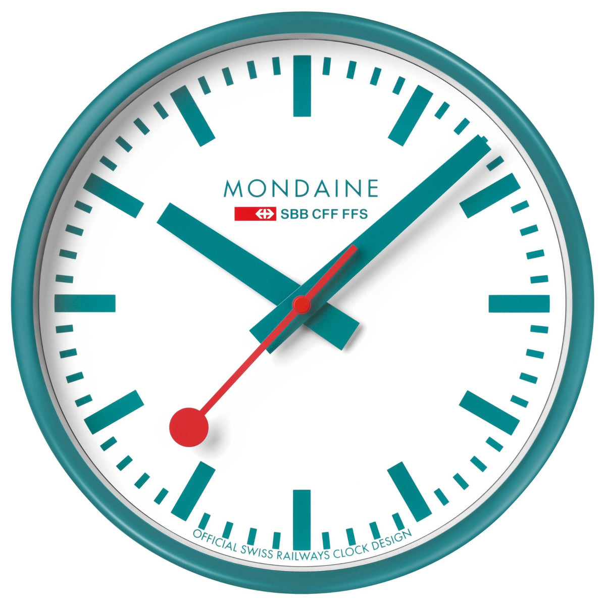 Front view of the Mondaine A990.CLOCK.10SBD wall clock featuring a teal case, white dial, teal markers, and a signature red second hand