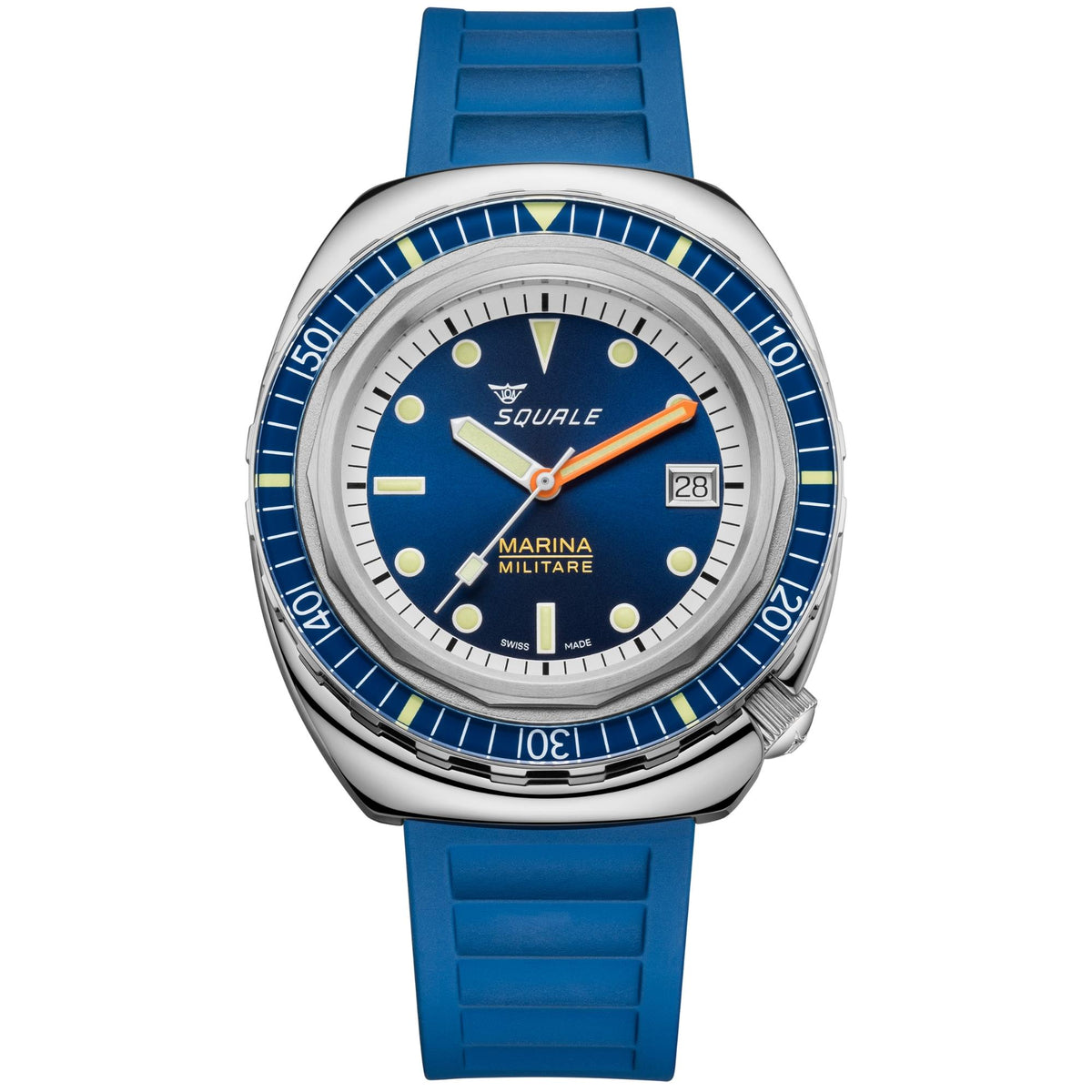 Men's automatic diving watch with blue rubber strap, navy dial, orange hands, date window