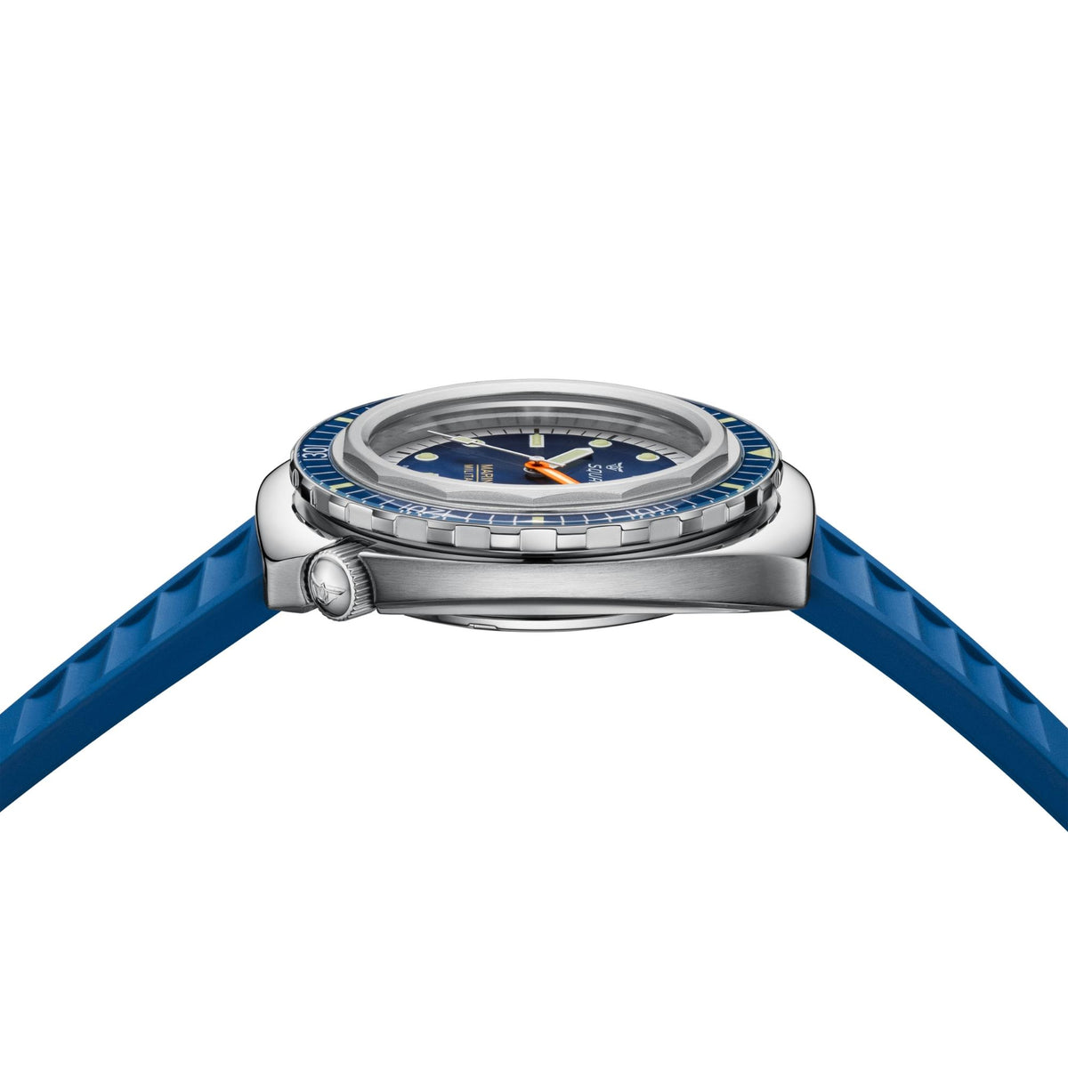 Men's automatic watch, side view with blue rubber strap and stainless steel case