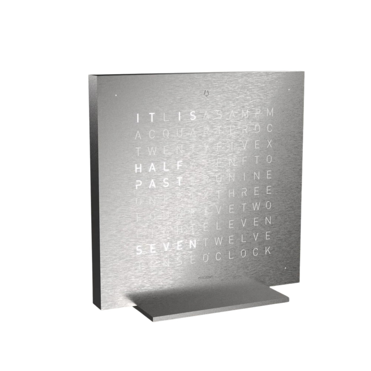 Steel table clock with English word time grid, front-right angle