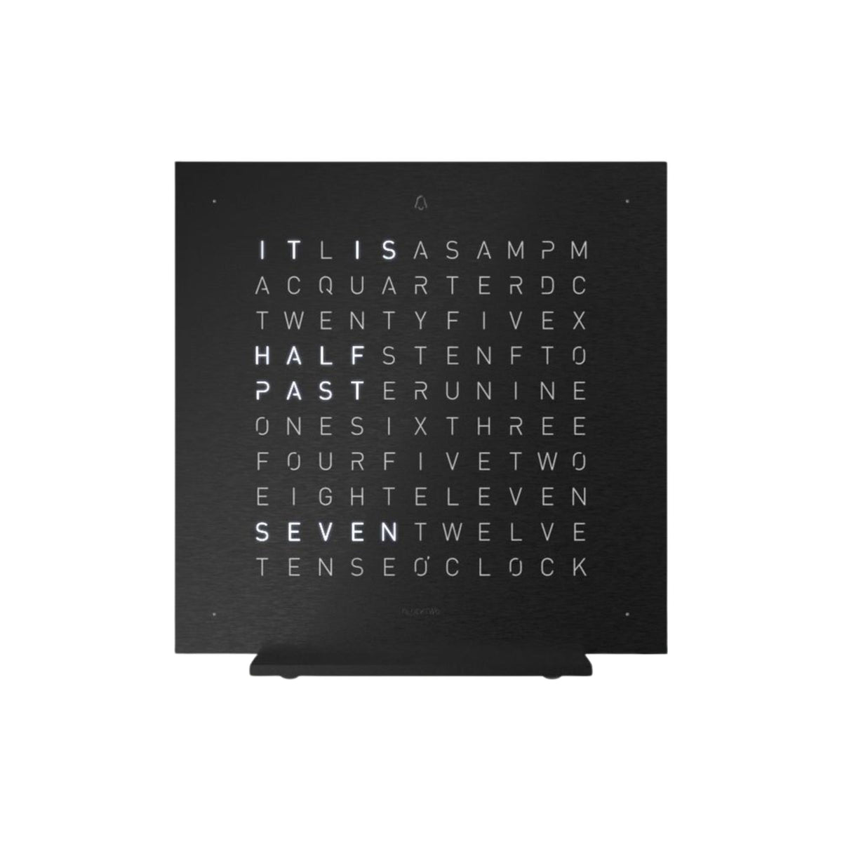 Dark QLOCKTWO table clock with dot-matrix word display and angled stand