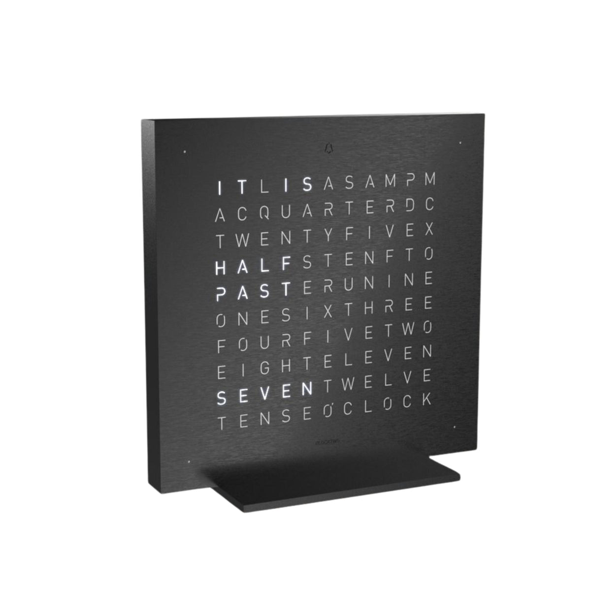 Dark QLOCKTWO table clock with illuminated dot-matrix letters on slanted face