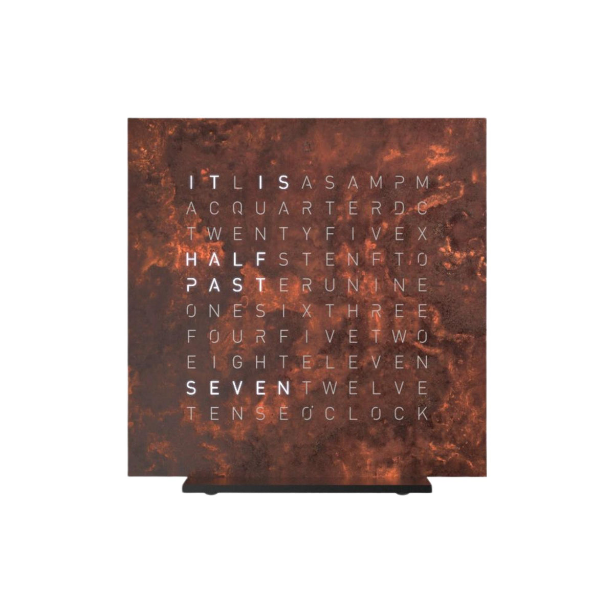 Rust-brown table clock with glowing grid of English time words on front.