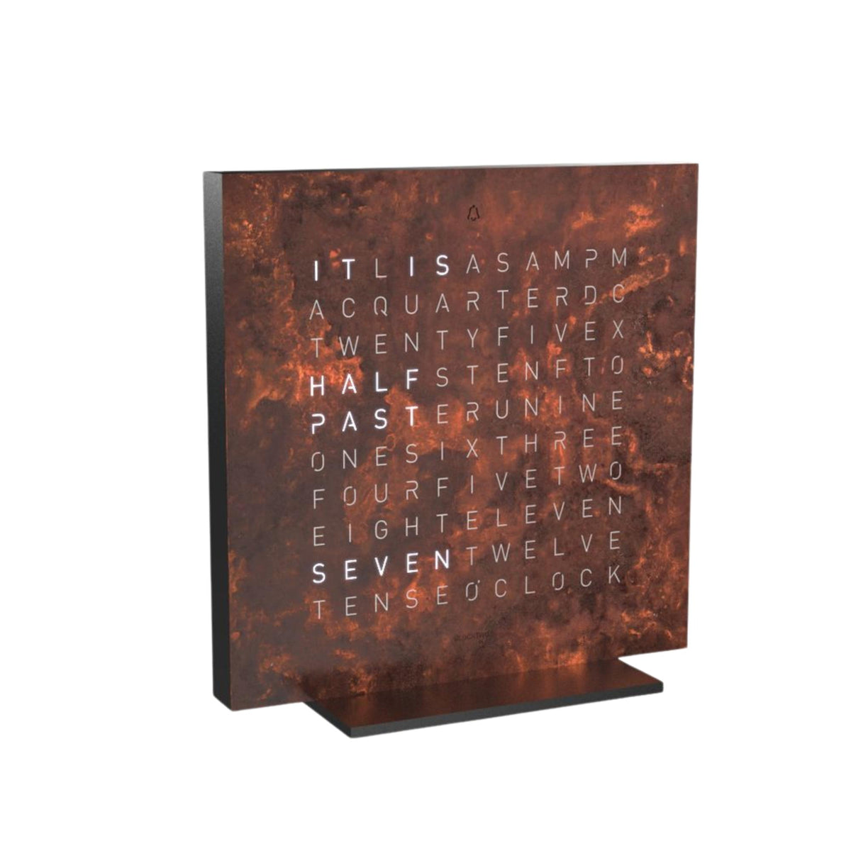 Rust-brown table clock angled view with English time words on display.