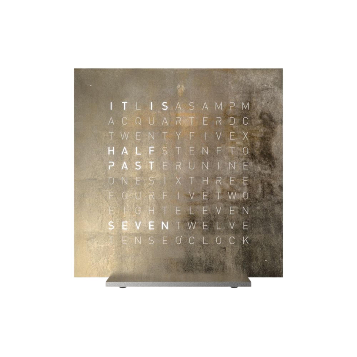 QLOCKTWO Earth English table clock with illuminated word display on dark metal face