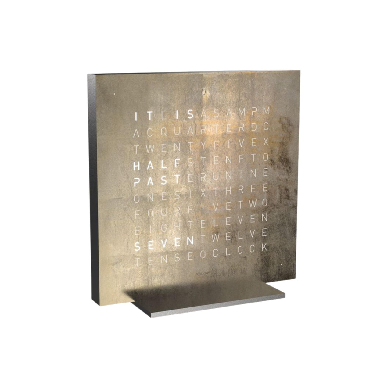 QLOCKTWO Earth English table clock, angled view, lit word panel and sturdy metal stand
