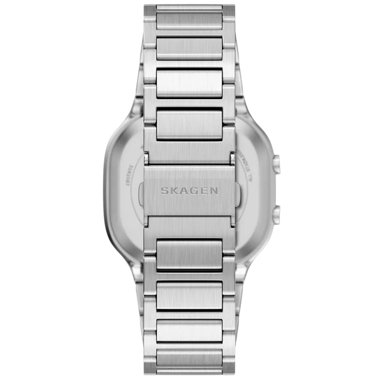 Skagen steel digital watch back view with engraved case and metal bracelet