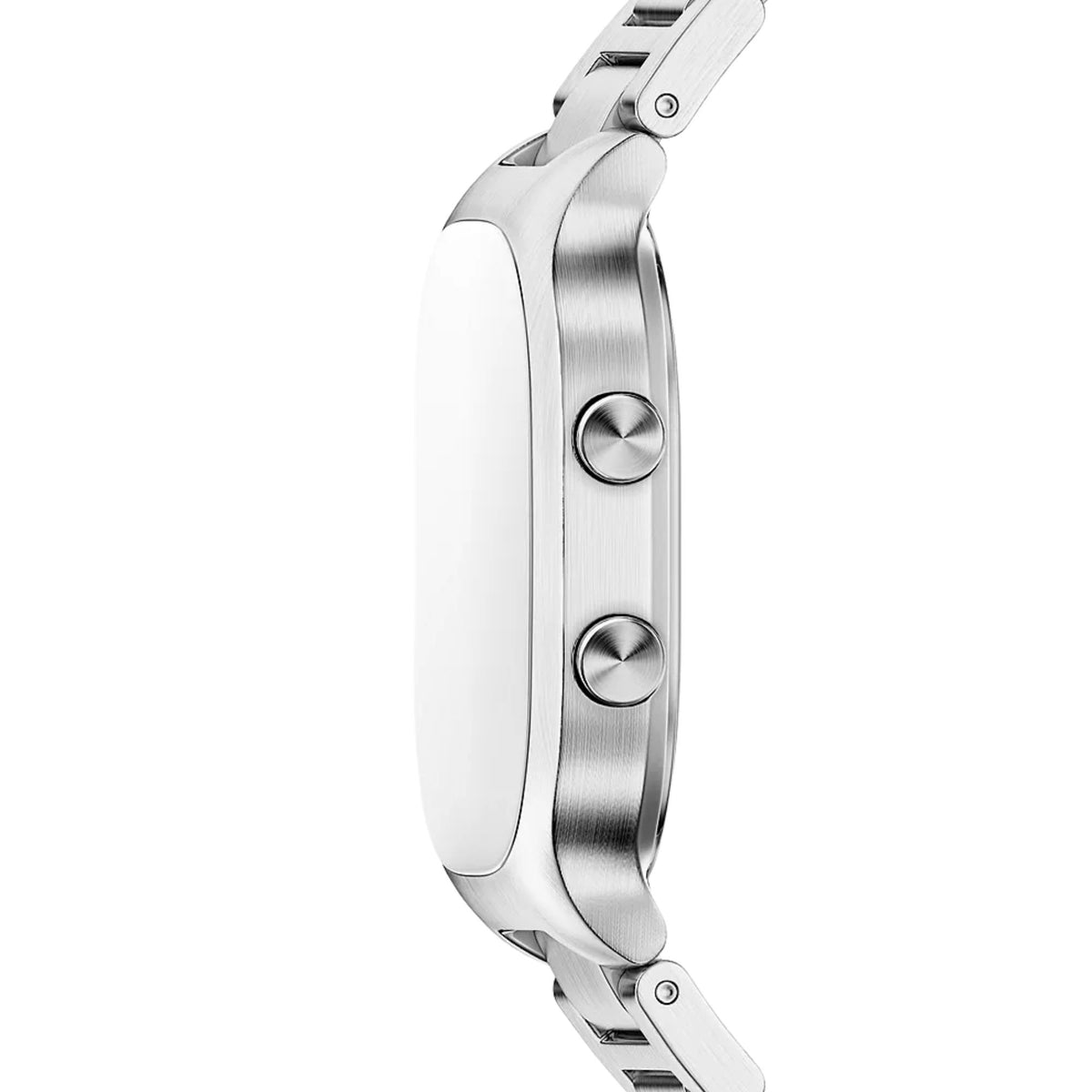 Skagen digital steel watch side view with round crowns and brushed metal case