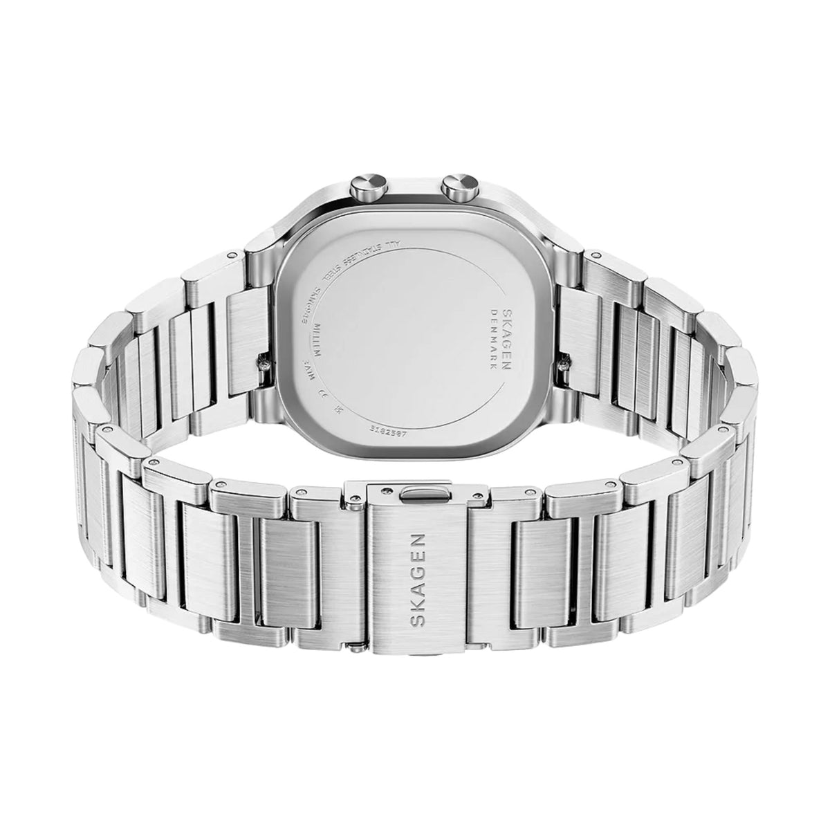 Skagen steel digital watch underside with engraved case and ridged link bracelet