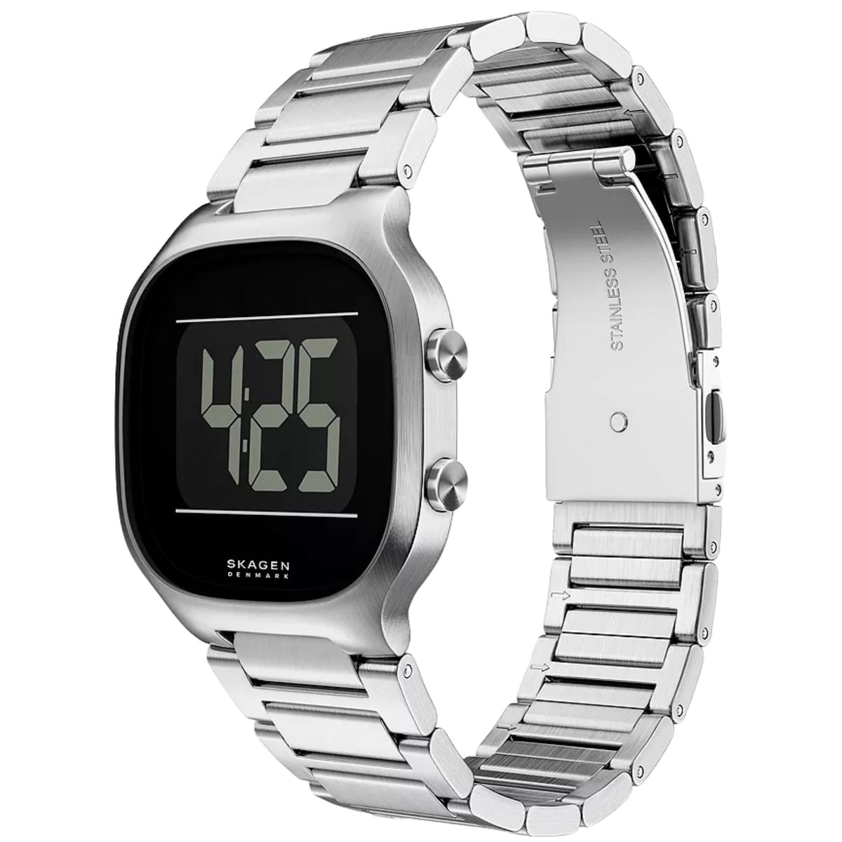 Skagen digital steel watch angled view with black display and silver bracelet