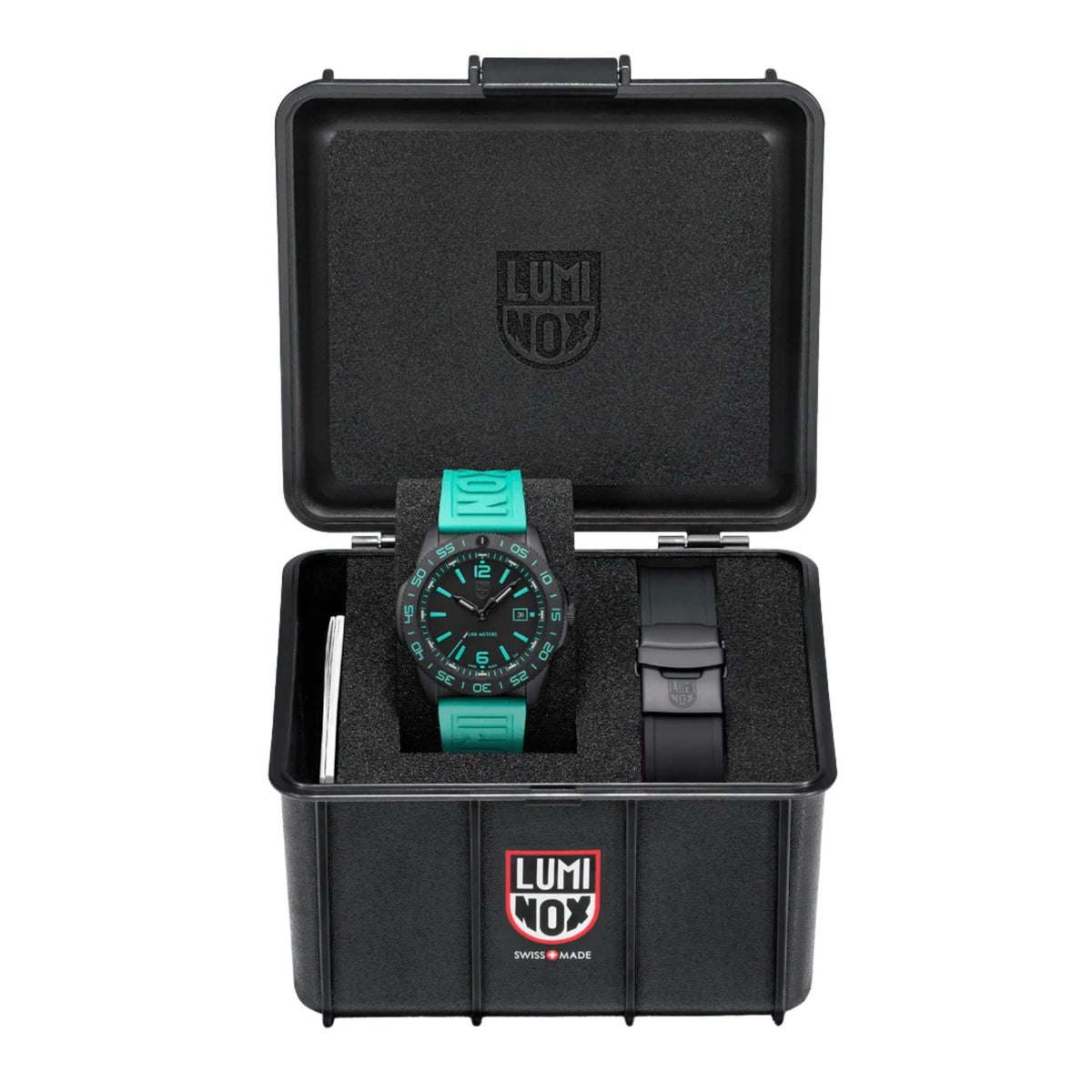 Luminox Pacific Diver XS.3124.N.SET collector's set in a protective black case, featuring a teal strap and an extra black rubber band