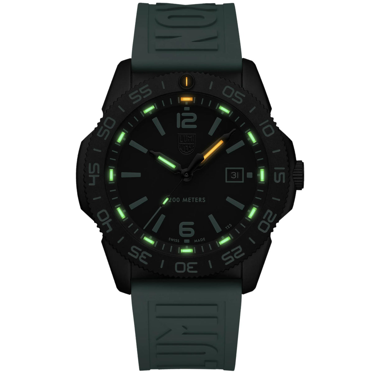 Dark view displaying the illuminated tritium tube system on the Luminox Pacific Diver XS.3124.N.SET tactical watch