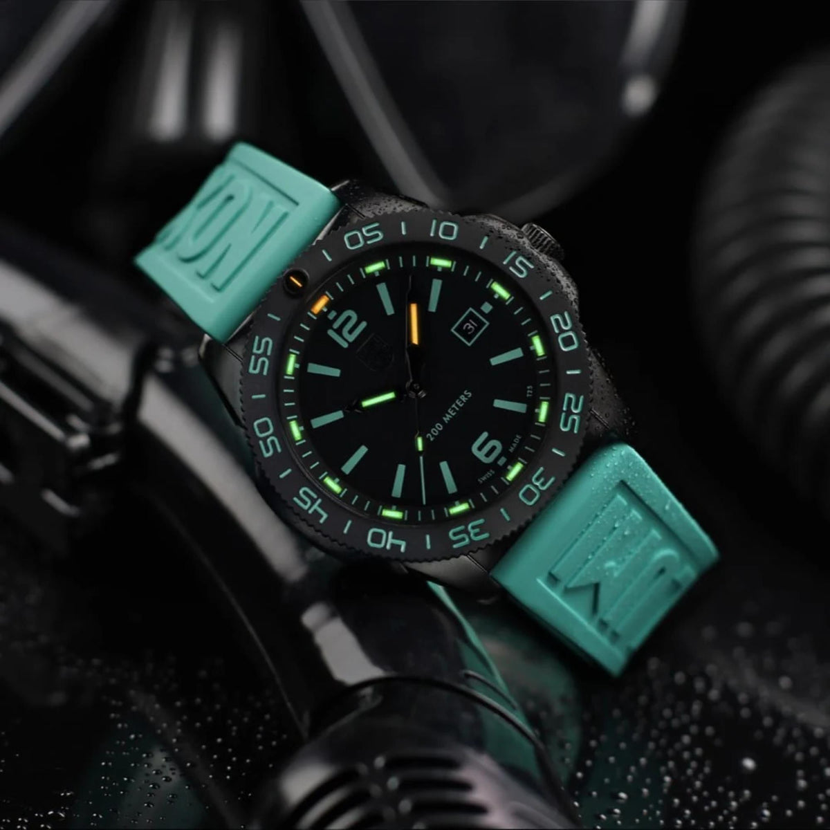 Water-resistant Luminox Pacific Diver XS.3124.N.SET dive watch with glowing hour markers displayed on a wet black surface