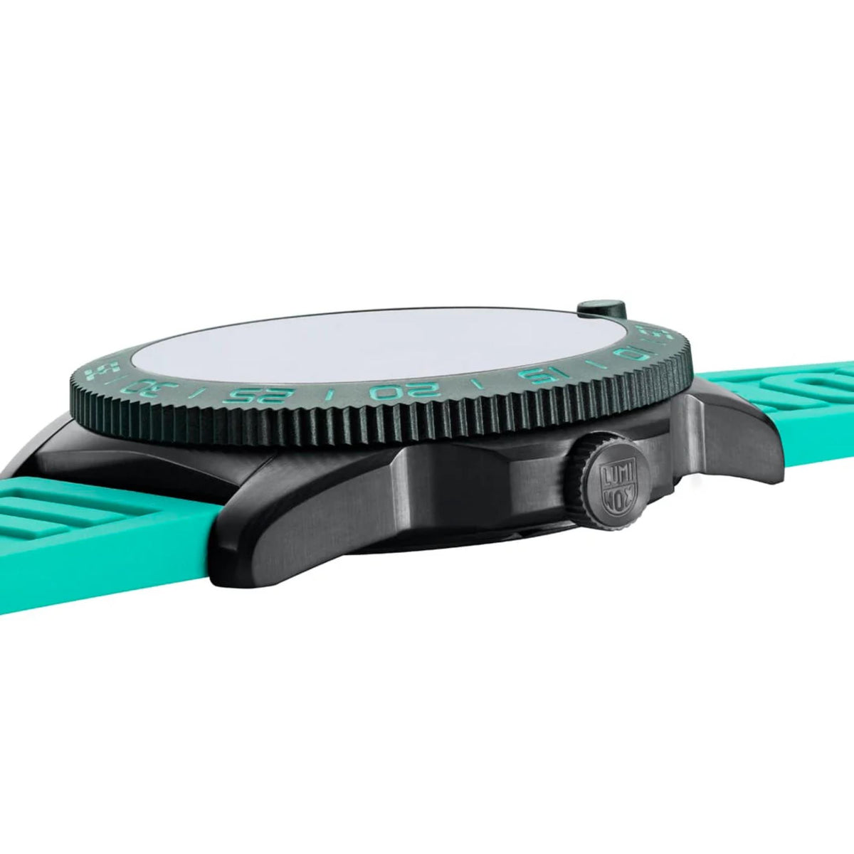 Side view highlighting the textured rotating bezel and textured crown on the Luminox Pacific Diver XS.3124.N.SET