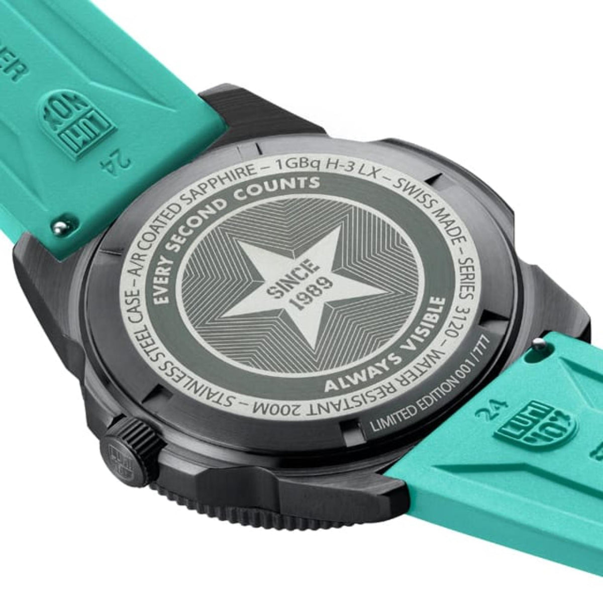 Engraved stainless steel back case of the Luminox Pacific Diver XS.3124.N.SET showing limited edition details