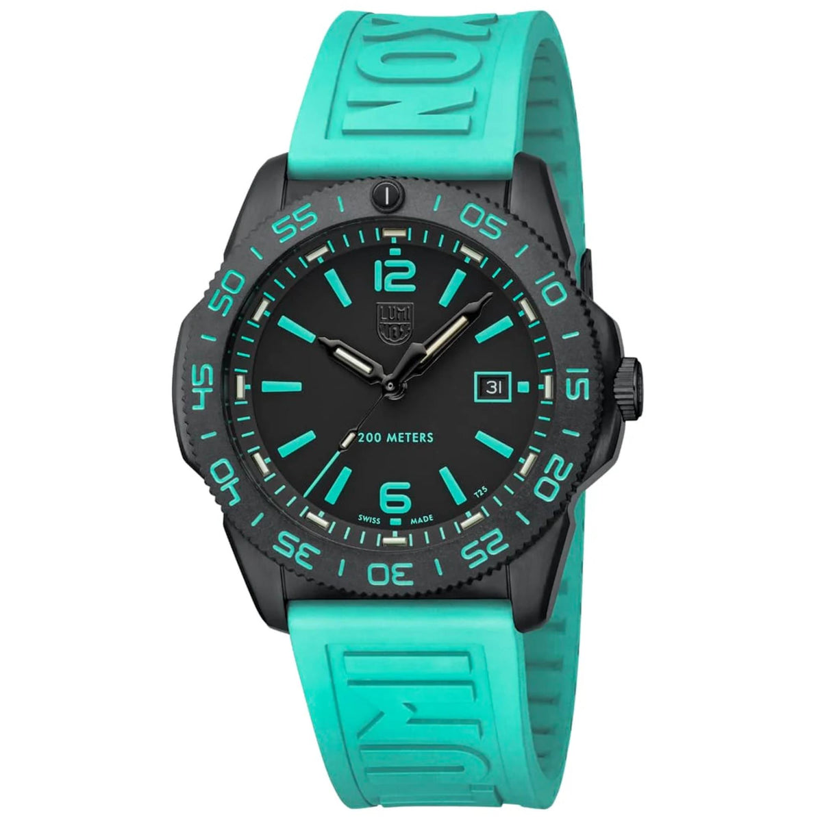 Three-quarter view of the Luminox Pacific Diver XS.3124.N.SET showing the turquoise rubber strap and black carbon-style case