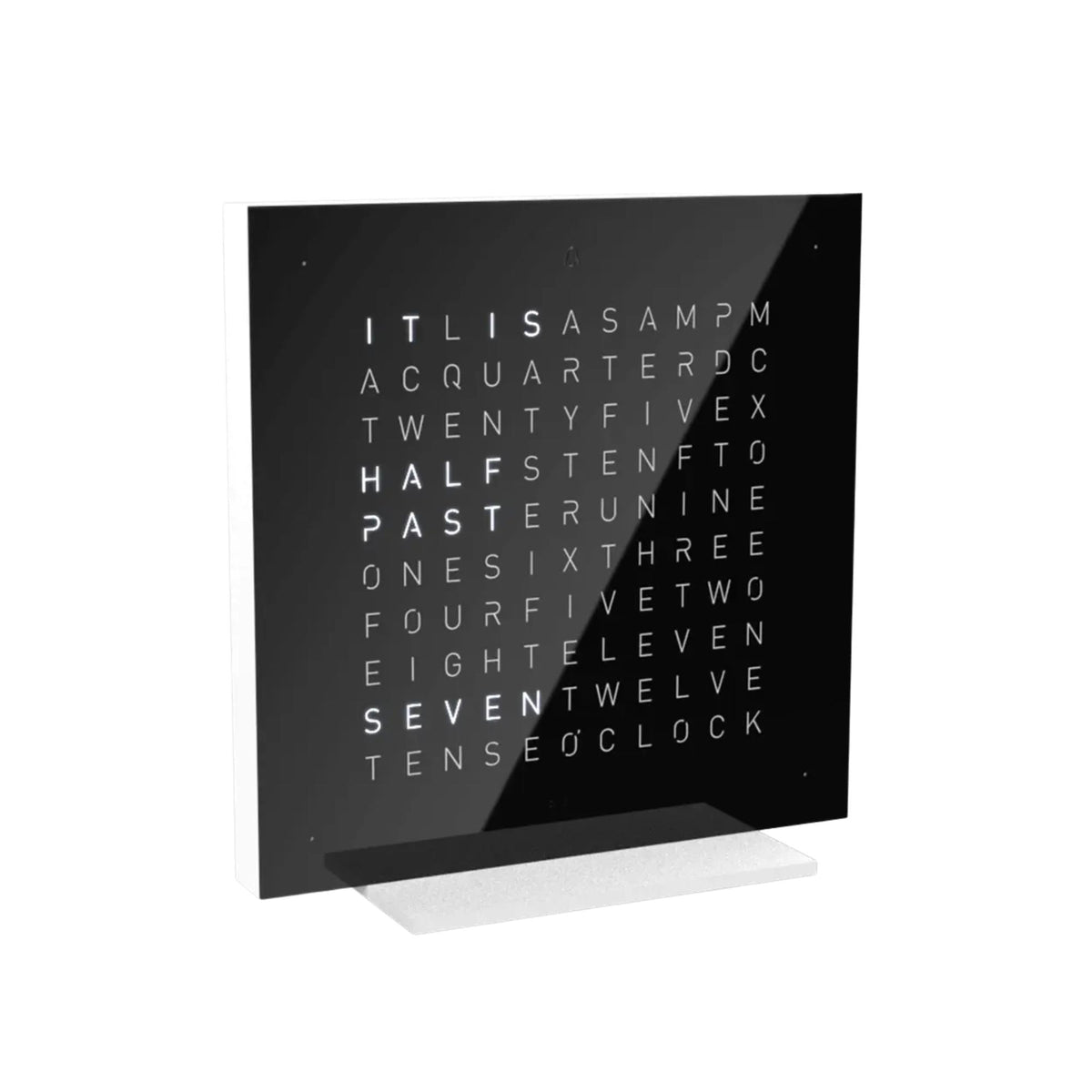 QLOCKTWO word table clock, pure black face with white letter time display
