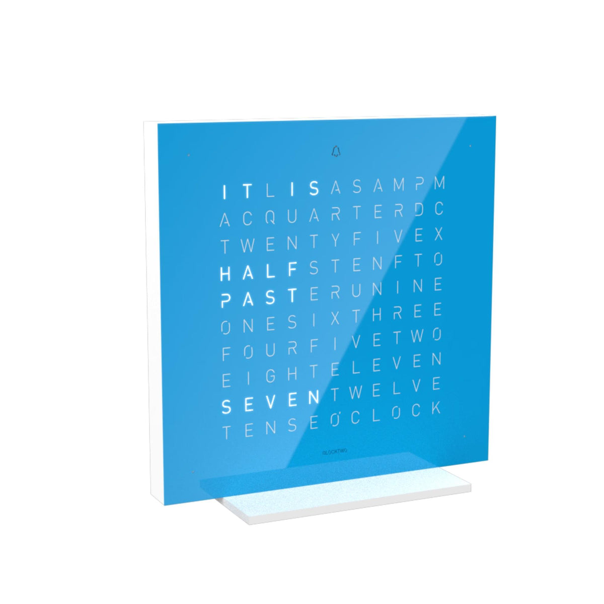 Blue QLOCKTWO table clock showing letter rows on display, angled view, white stand
