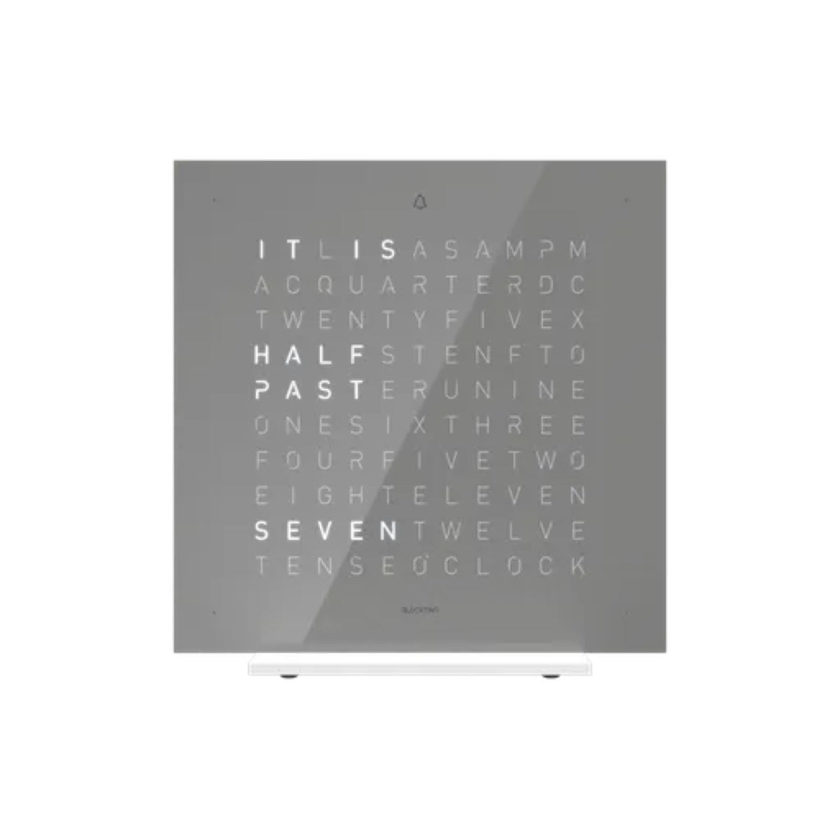 Table clock with square grey face and illuminated English word display on small stand