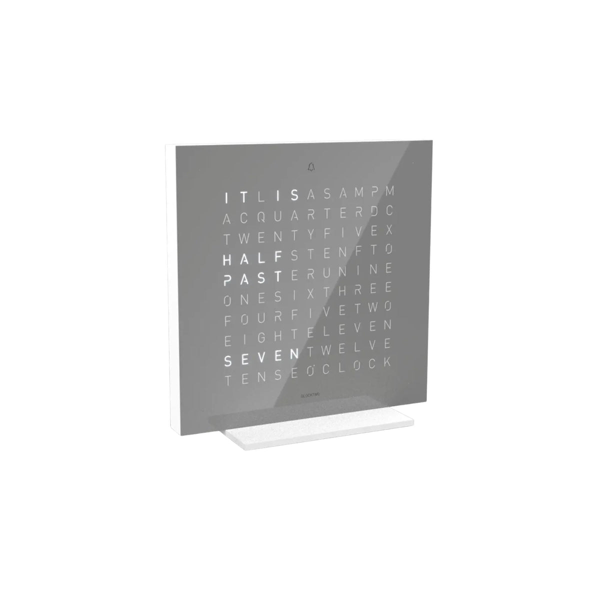 Table clock with angled square grey face, illuminated English words, and pedestal stand