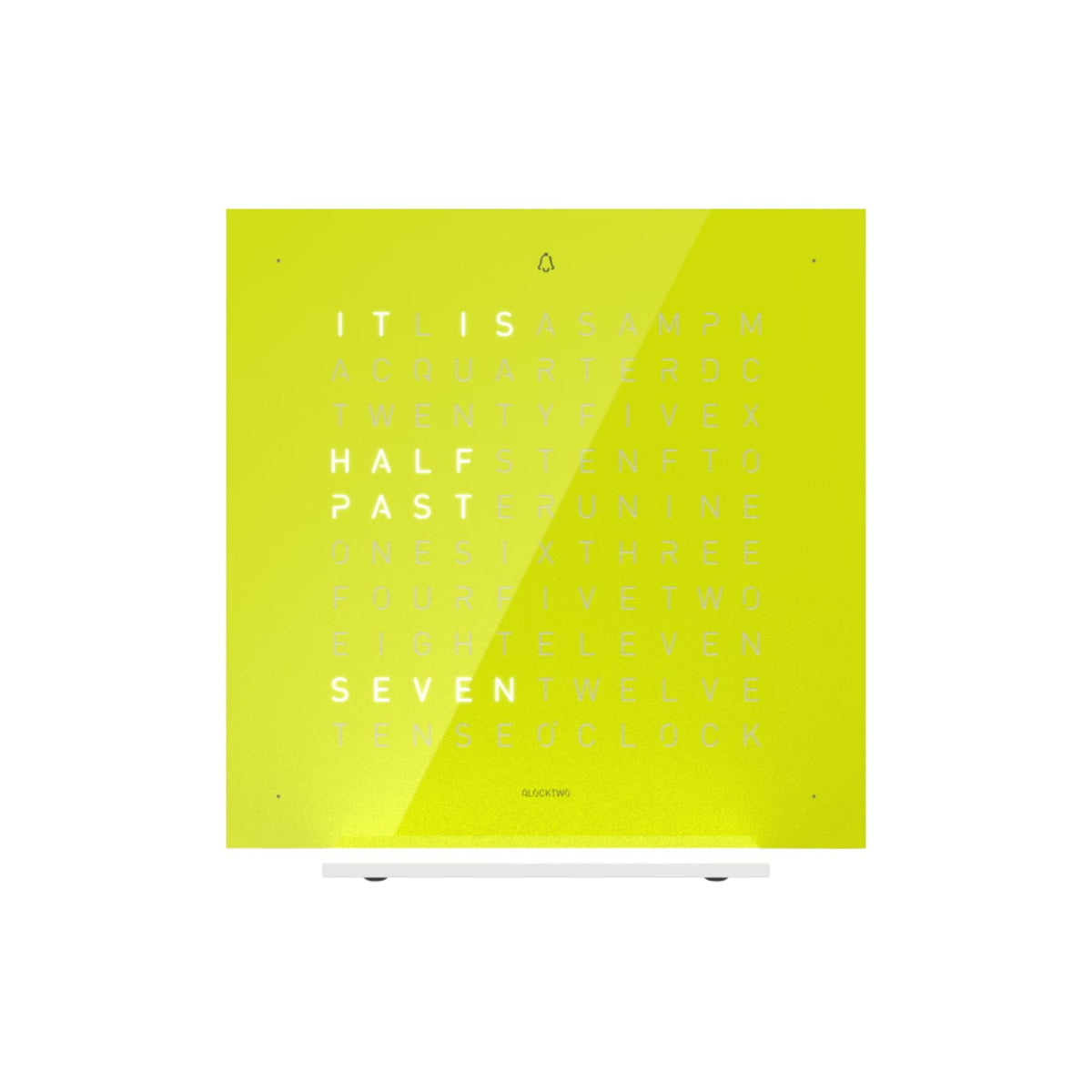 QLOCKTWO table clock with lime green face and English word time grid