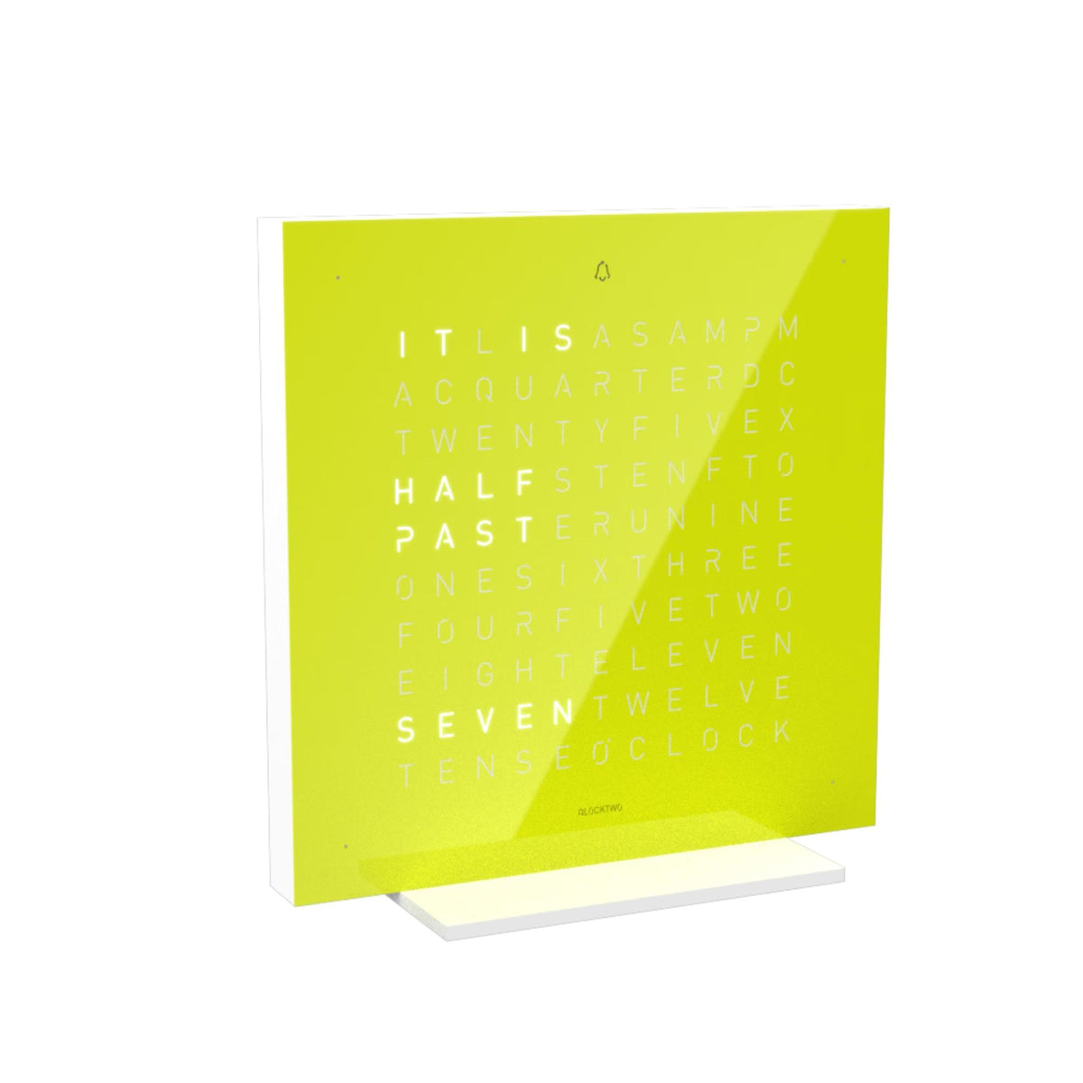 Lime green QLOCKTWO table clock front view with English word time display