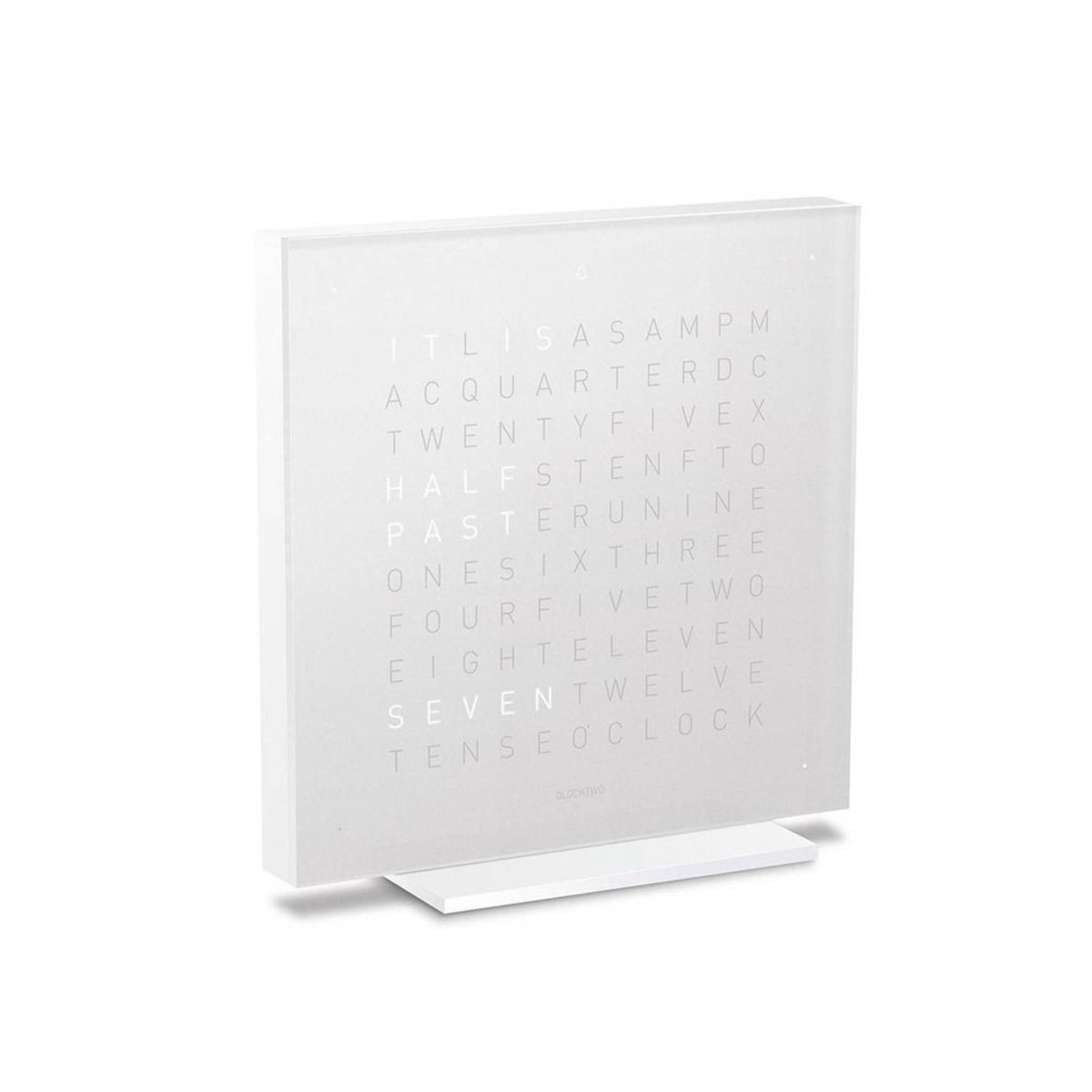 White QLOCKTWO table clock with front letter time grid and angled stand base
