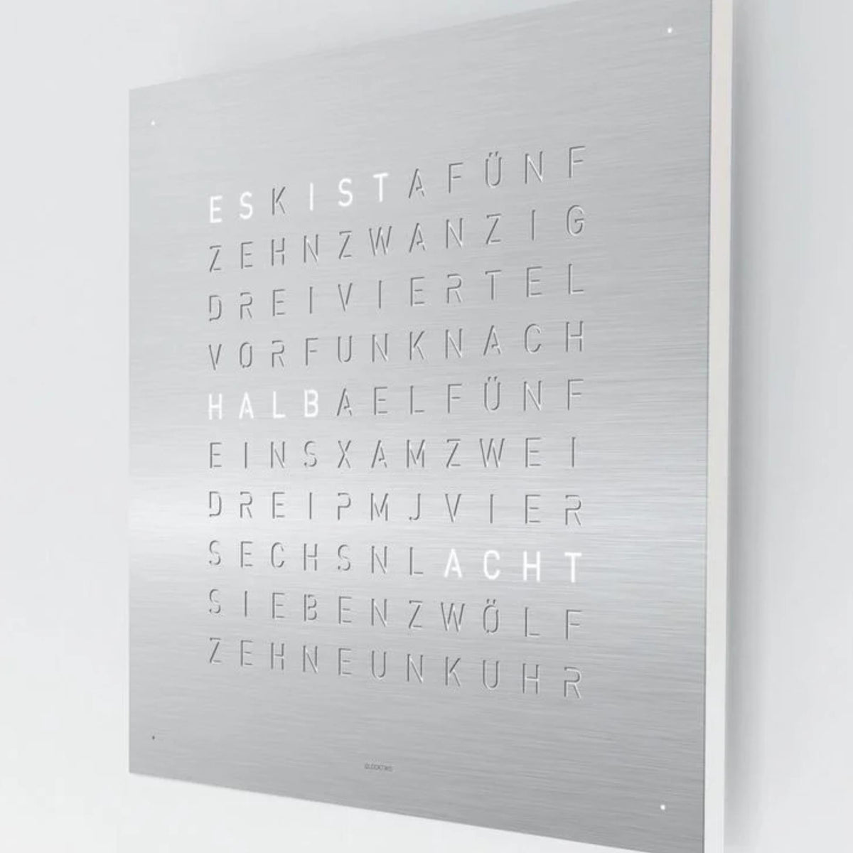 Square stainless steel wall clock with fine engraved numbers and German/English-style text