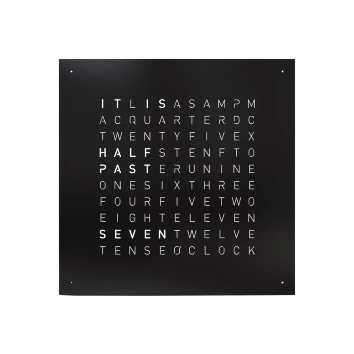Black pepper QLOCKTWO wall clock with lit word-dial letters on square face