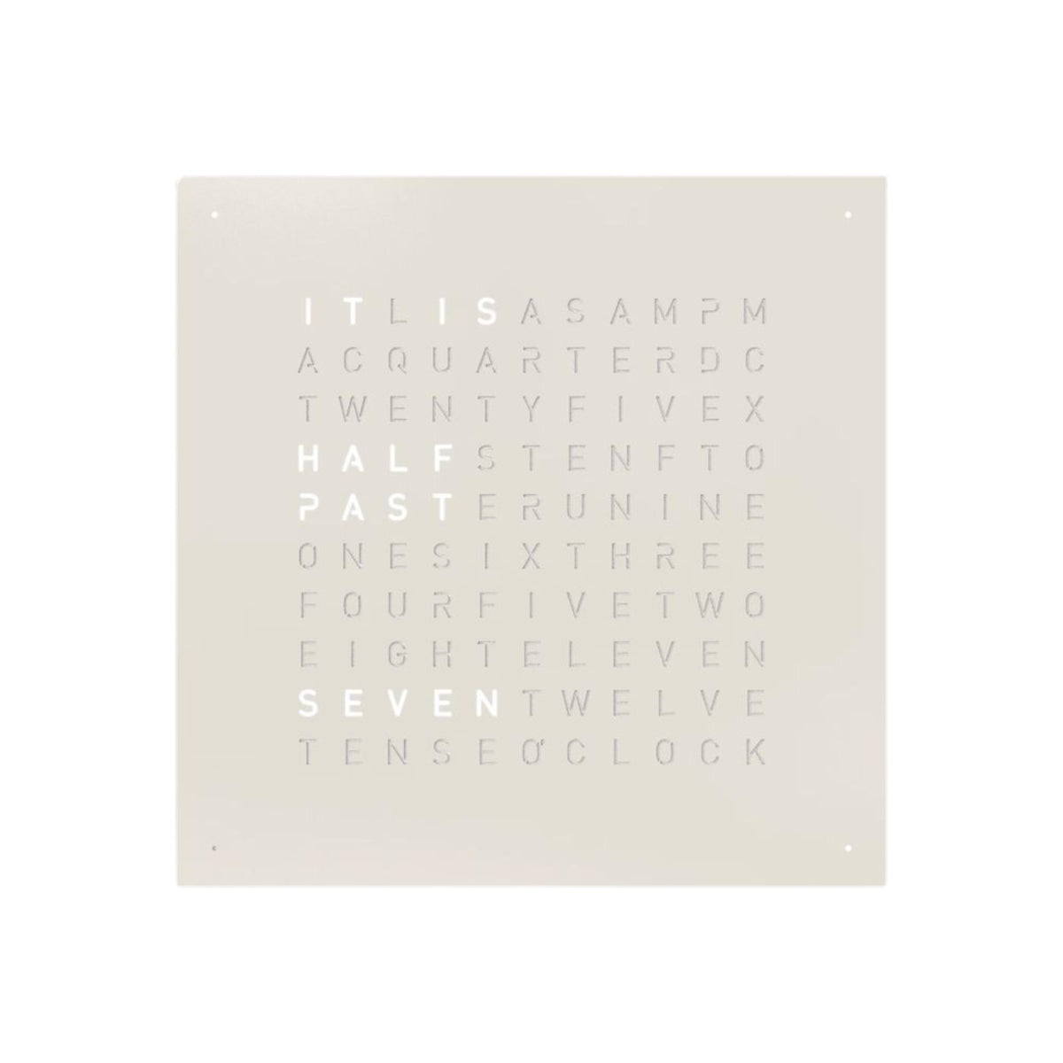 White QLOCKTWO word wall clock panel with English hour text letters