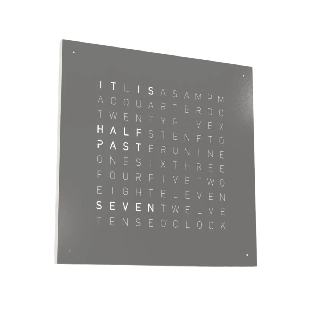 QLOCKTWO Earth 45 grey wall clock angled view, English word grid text visible