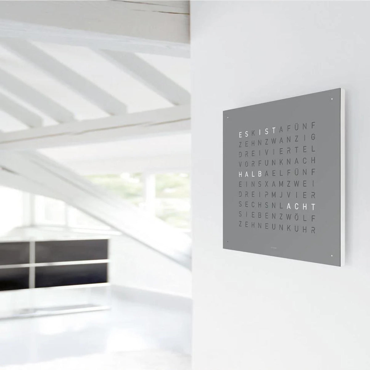QLOCKTWO Earth 45 grey square wall clock with English word grid on face