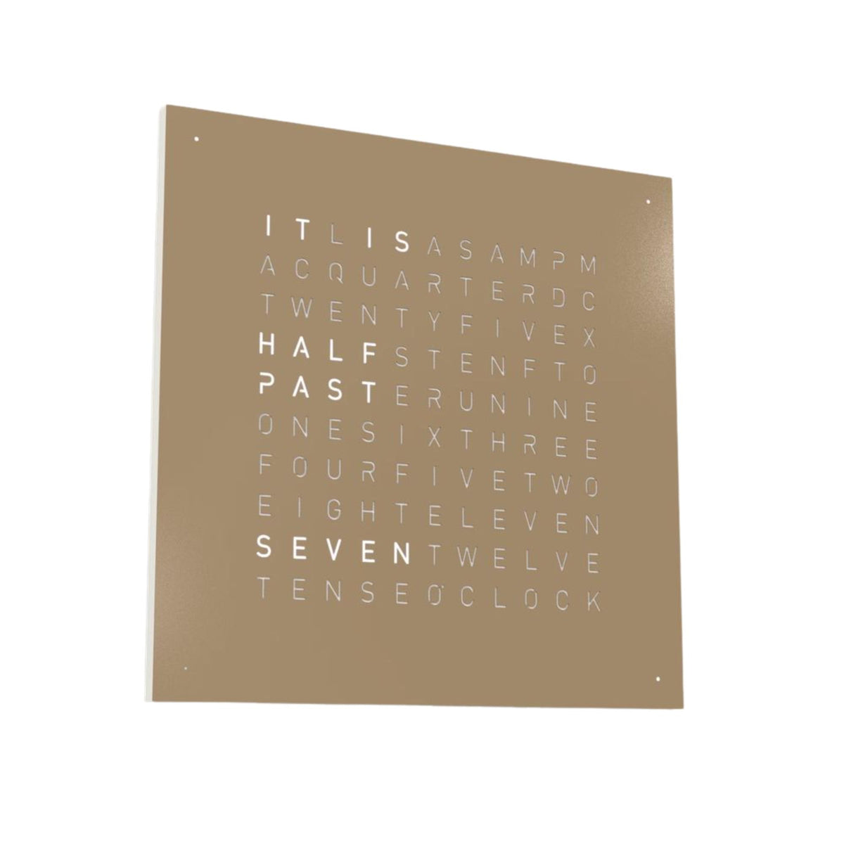 Hazelnut square wall clock face angled view with English time lettering and dot markers