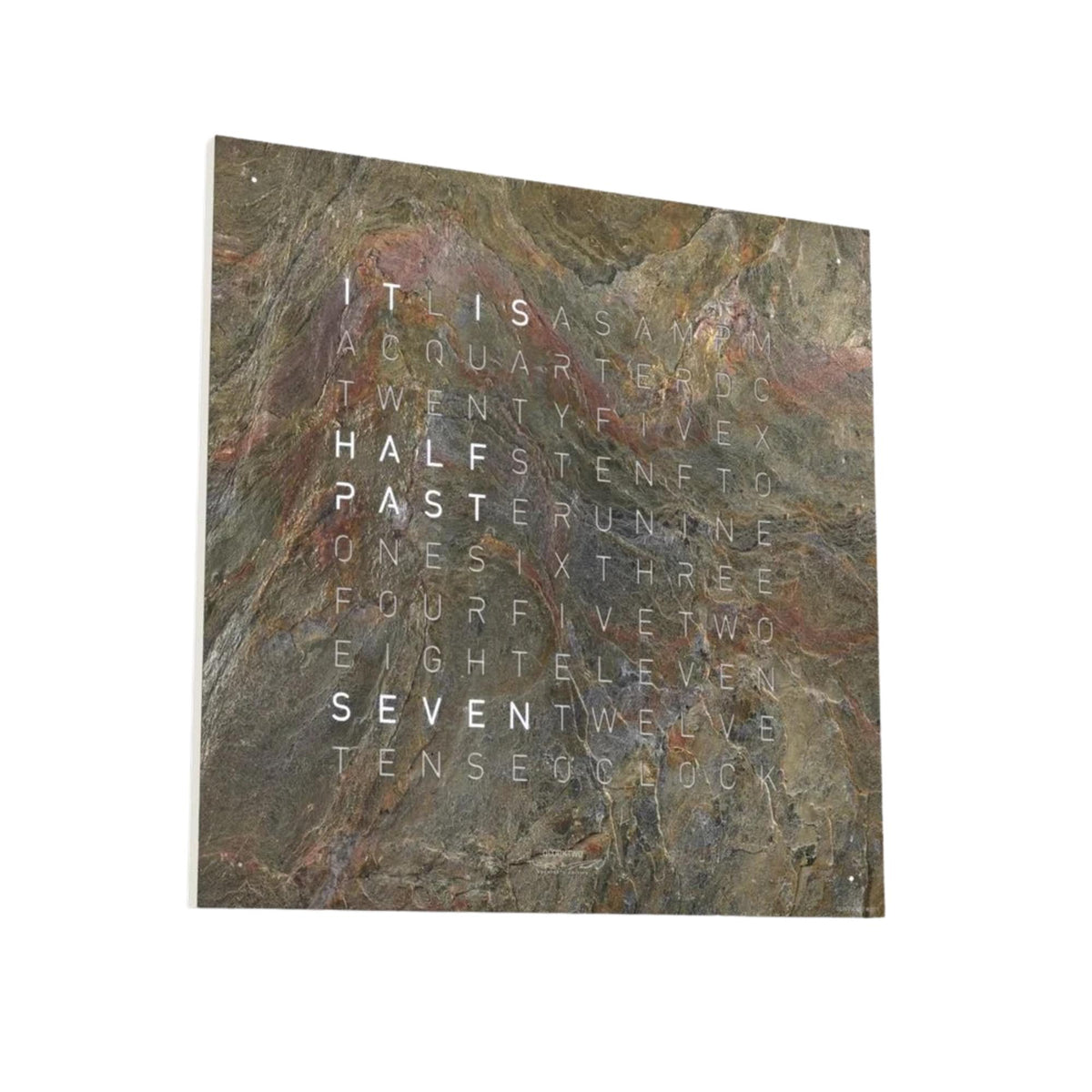 Square wall clock panel in mottled stone with illuminated letters for minutes and hours