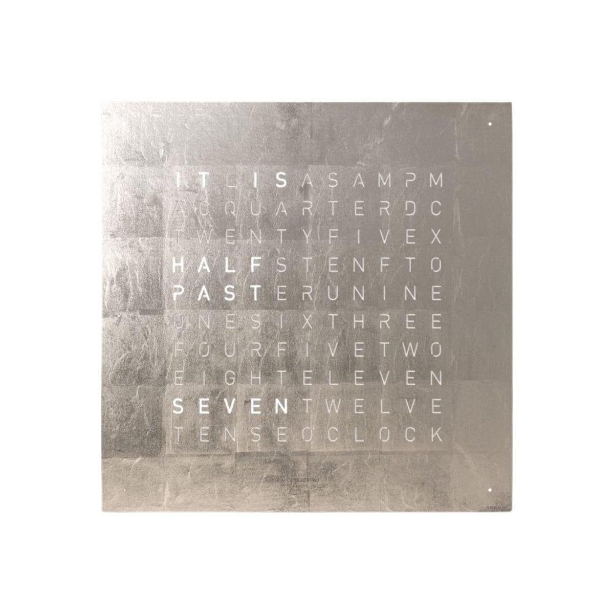 Platinum wall clock face with raised English letter numerals, square plate design