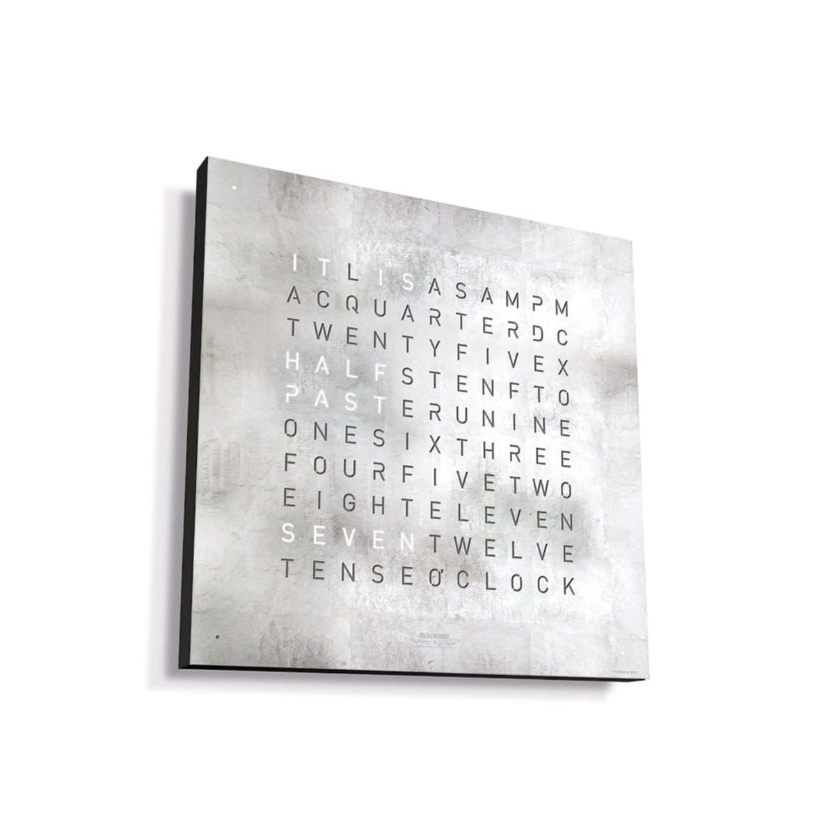 Platinum wall clock with square face and raised English letter numerals behind dark frame
